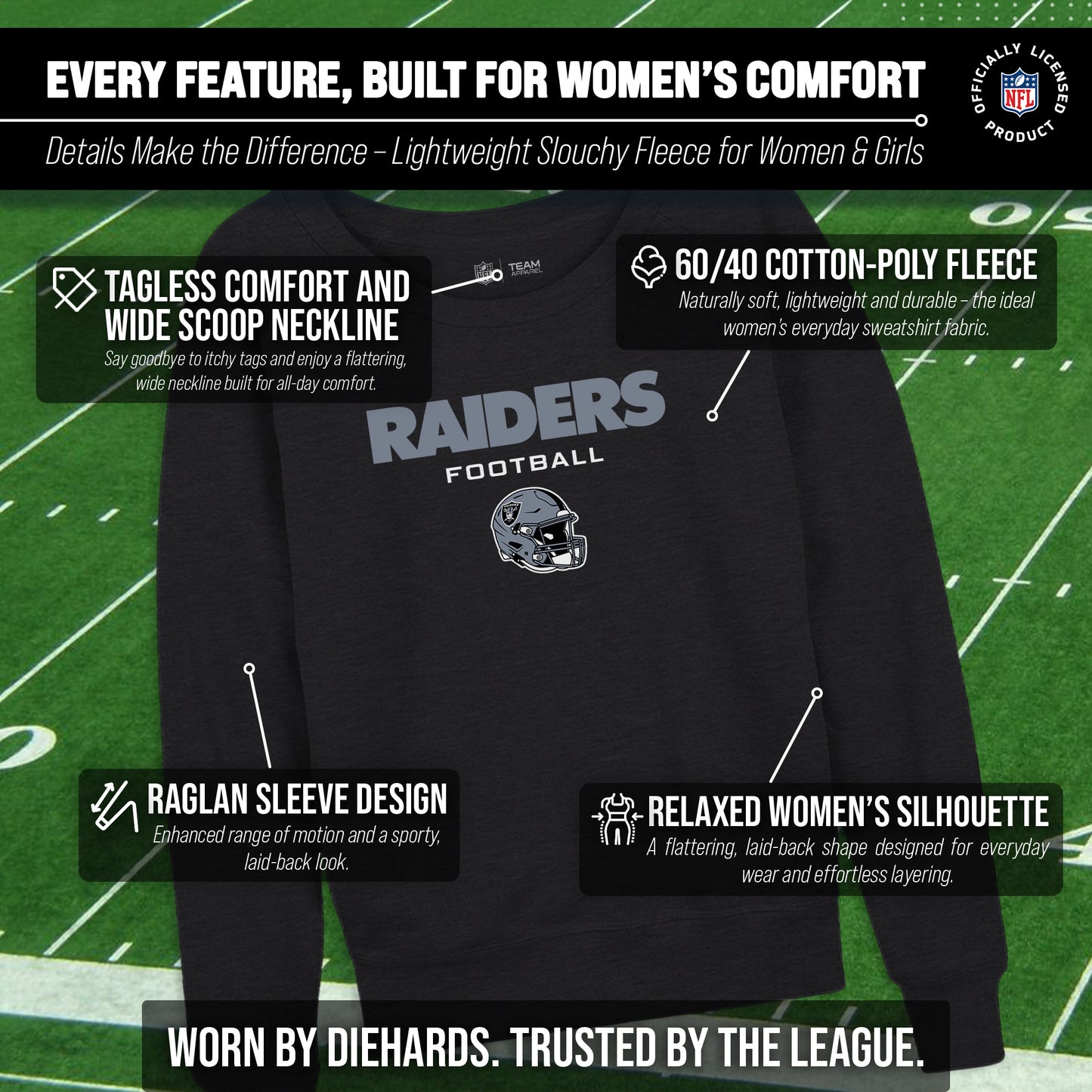 Las Vegas Raiders Women's NFL Football Helmet Charcoal Slouchy Crewneck -Tagless Lightweight Pullover - Charcoal