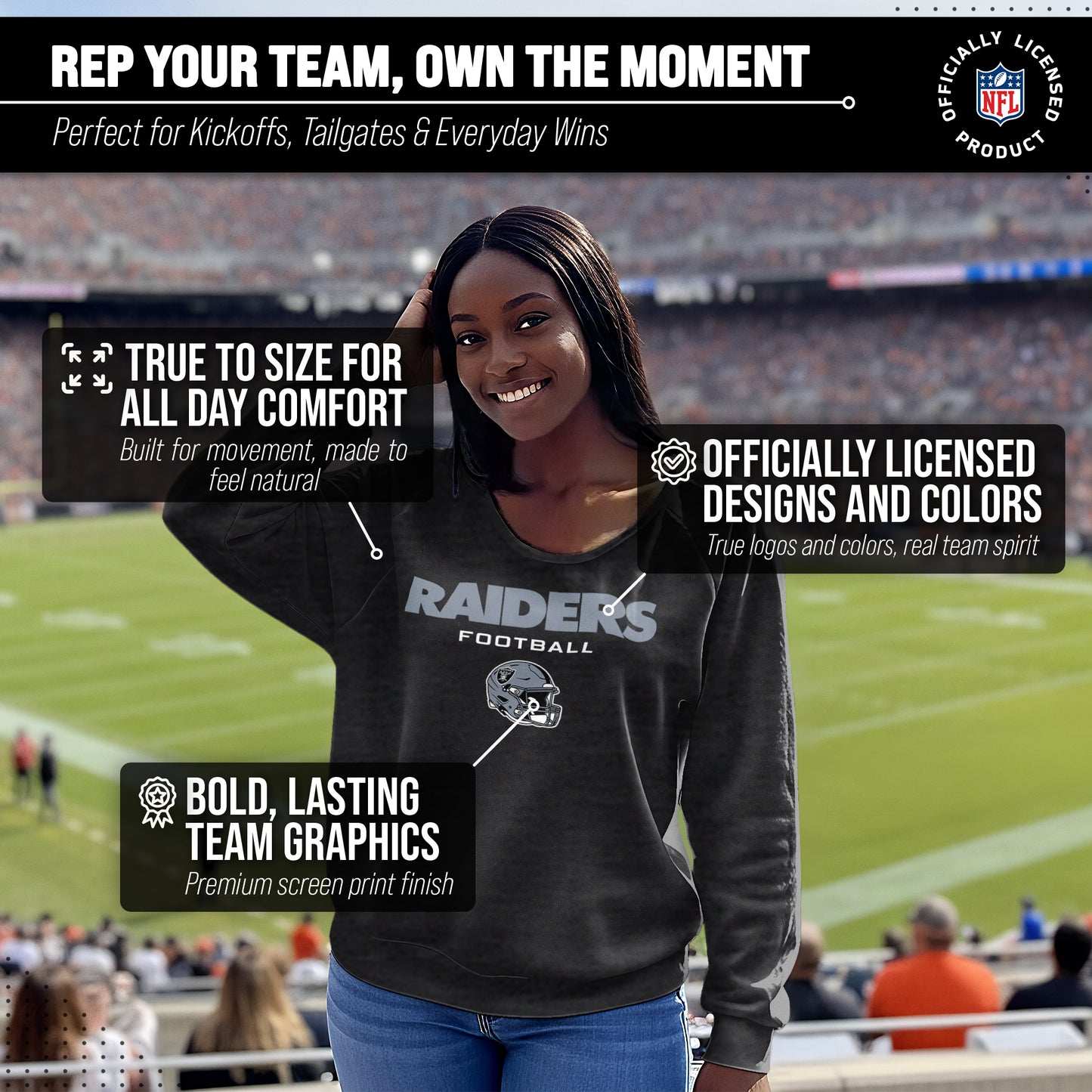 Las Vegas Raiders Women's NFL Football Helmet Charcoal Slouchy Crewneck -Tagless Lightweight Pullover - Charcoal
