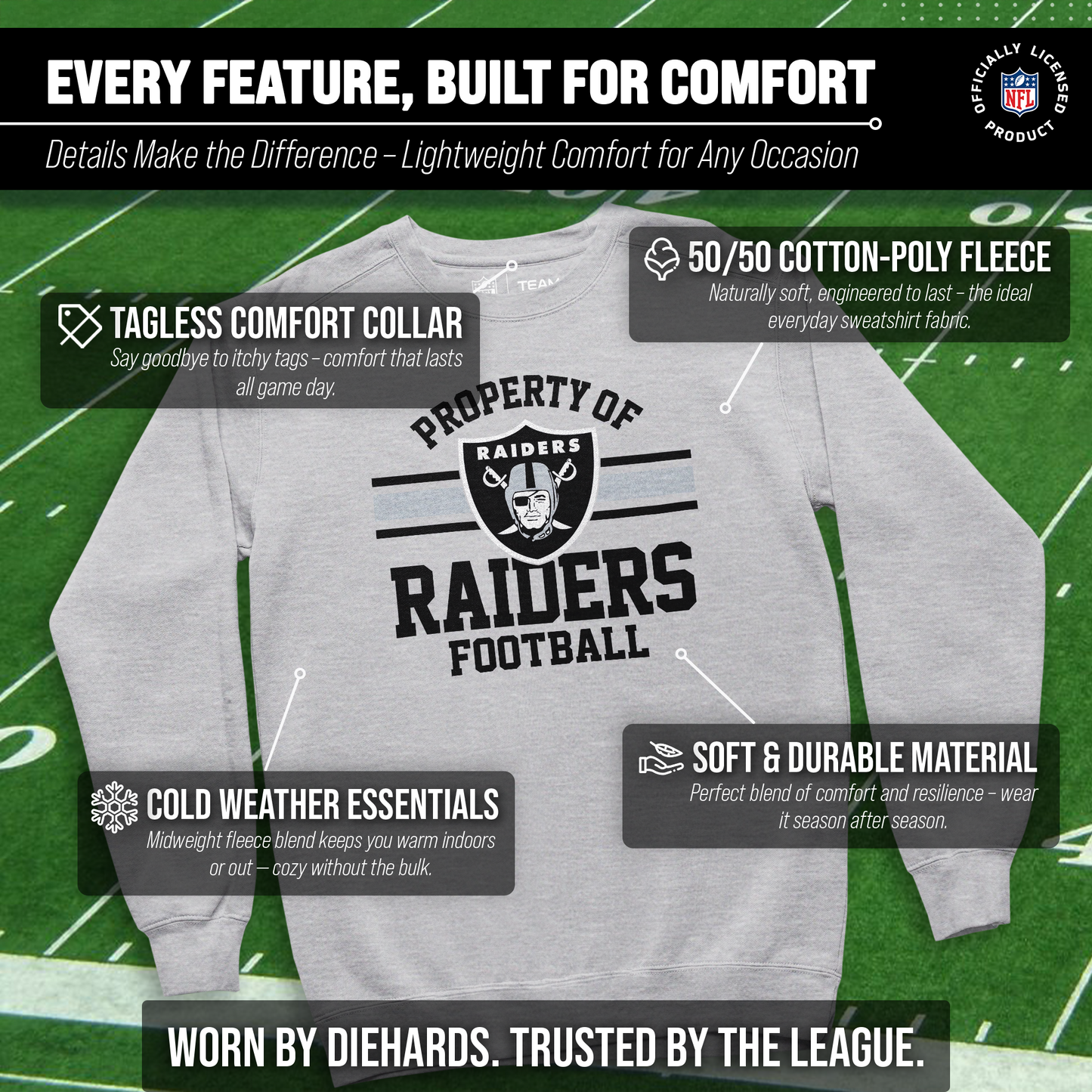 Las Vegas Raiders NFL Adult Property Of Crewneck Fleece Sweatshirt - Sport Gray