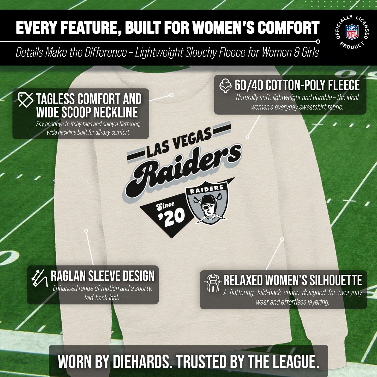 Las Vegas Raiders NFL Womens Vintage Charm Slouchy Crewneck - Birch