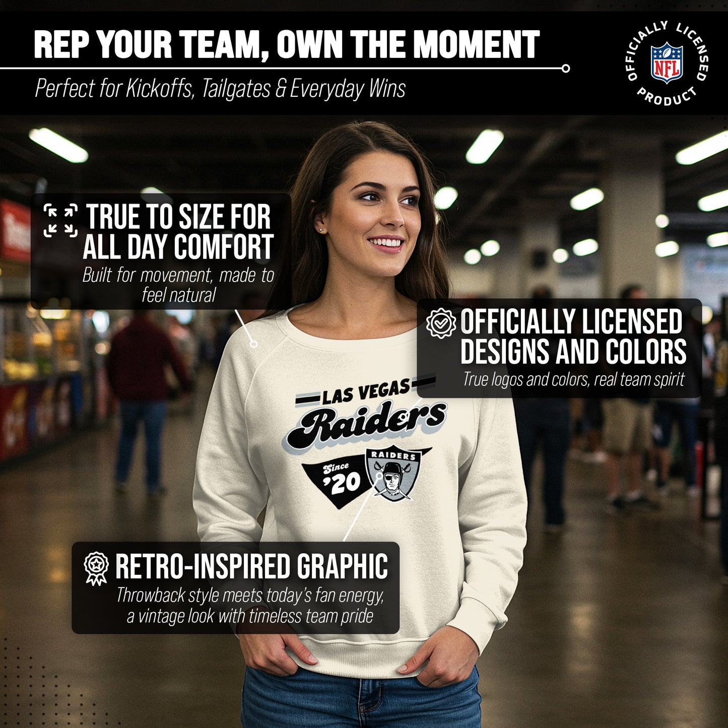 Las Vegas Raiders NFL Womens Vintage Charm Slouchy Crewneck - Birch