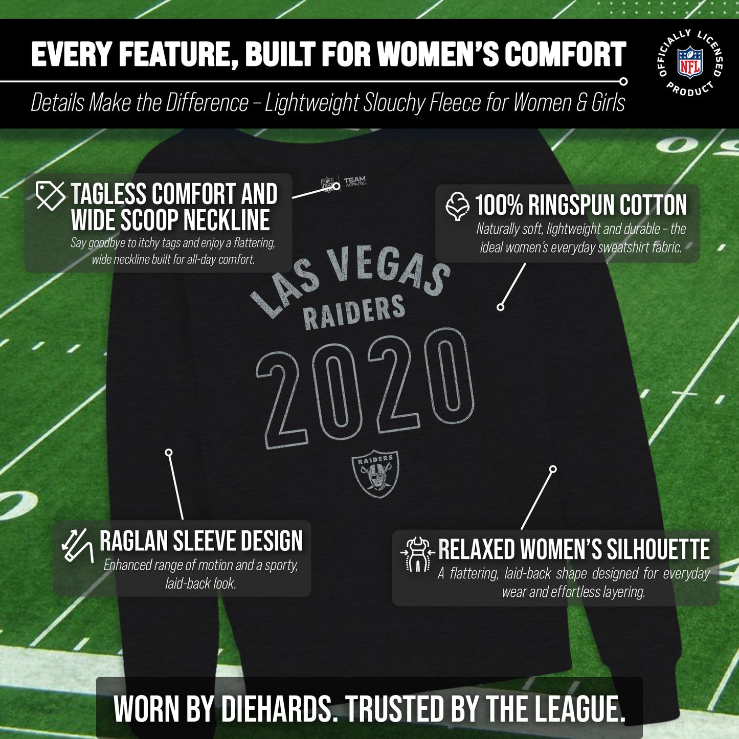 Las Vegas Raiders NFL Womens Big Date Slouchy Crewneck - Black