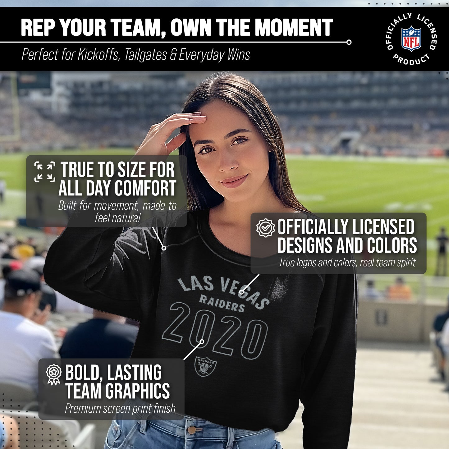 Las Vegas Raiders NFL Womens Big Date Slouchy Crewneck - Black