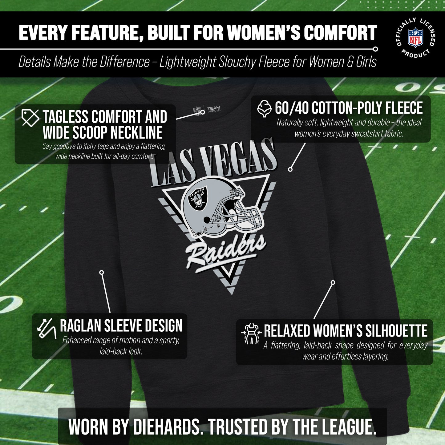 Las Vegas Raiders NFL Womens Retro Triangle Slouchy Crewneck - Heather Charcoal