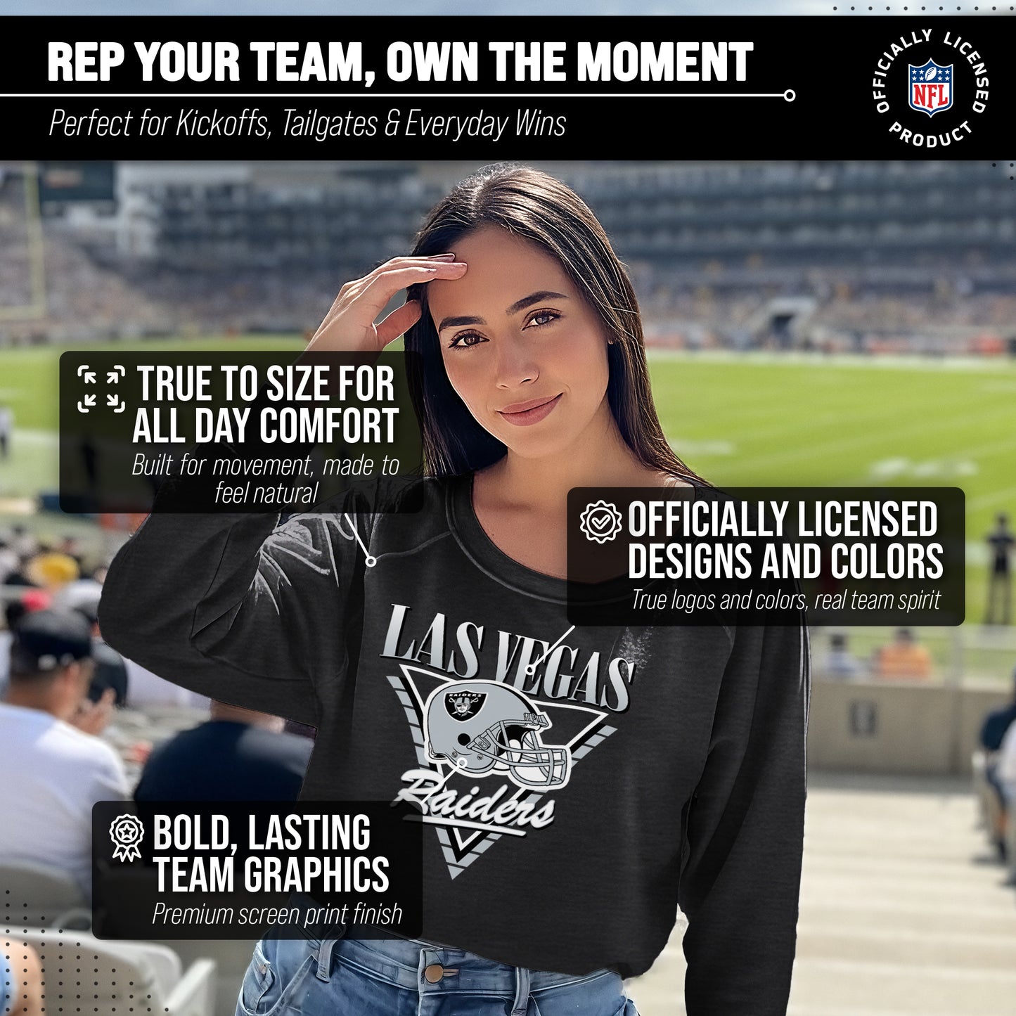 Las Vegas Raiders NFL Womens Retro Triangle Slouchy Crewneck - Heather Charcoal