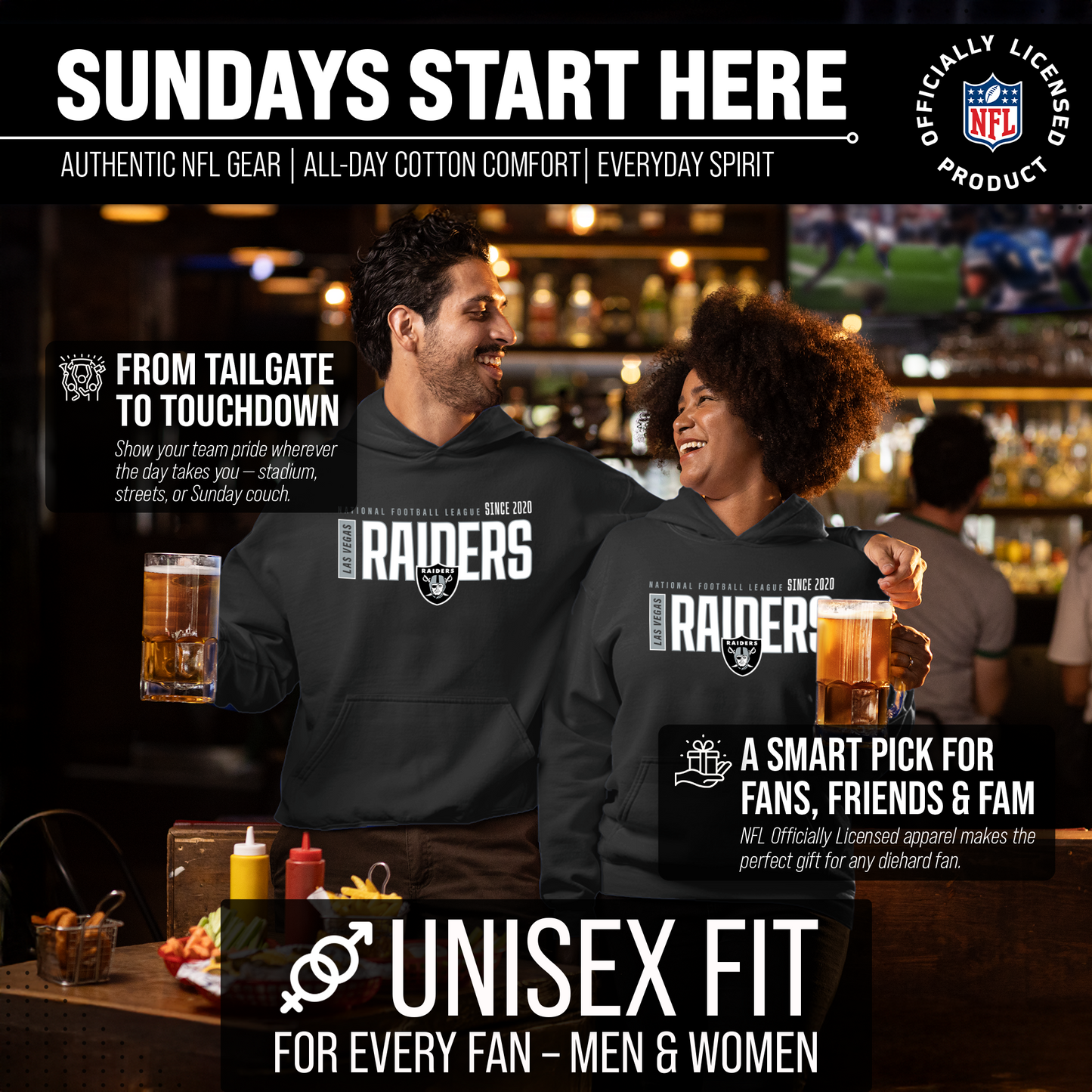 Las Vegas Raiders NFL Adult Unisex Modern Endzone Soft Fleece Hooded Sweatshirt - Black