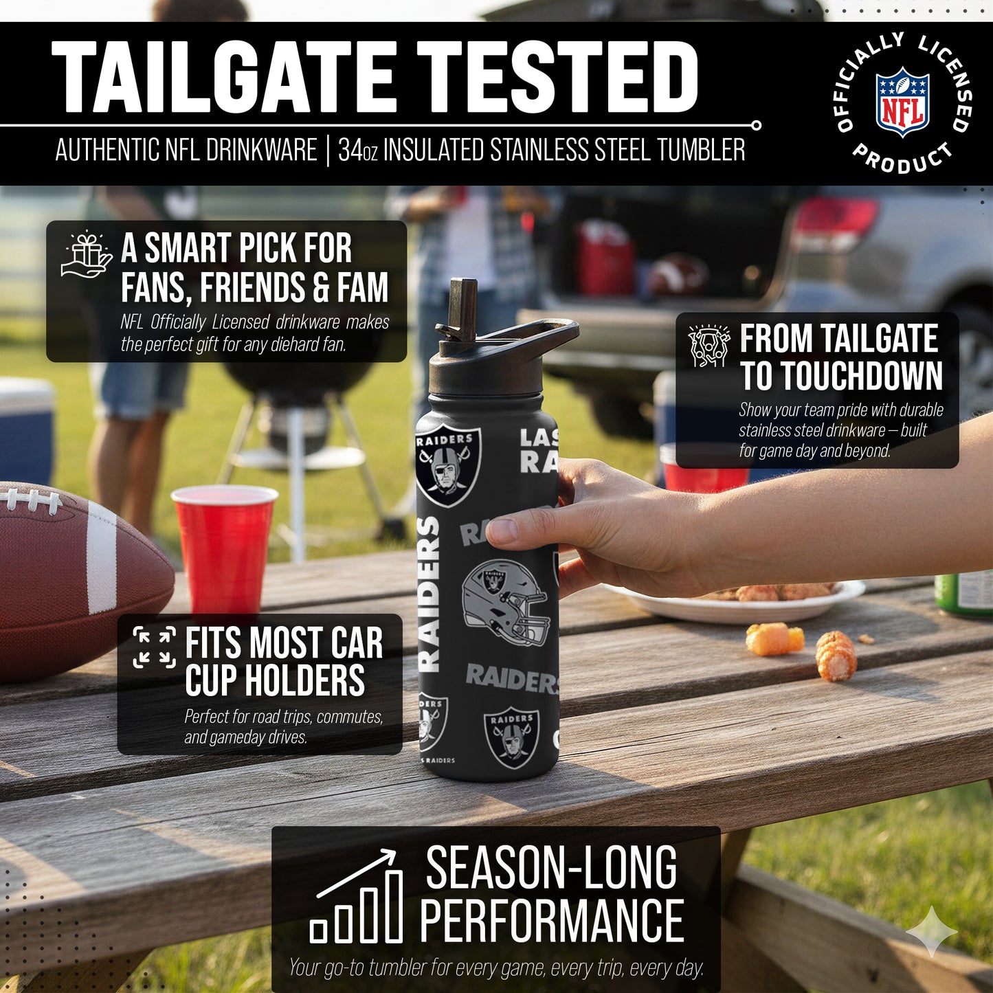 Las Vegas Raiders NFL 34Oz Native Quencher Water Bottle - Black