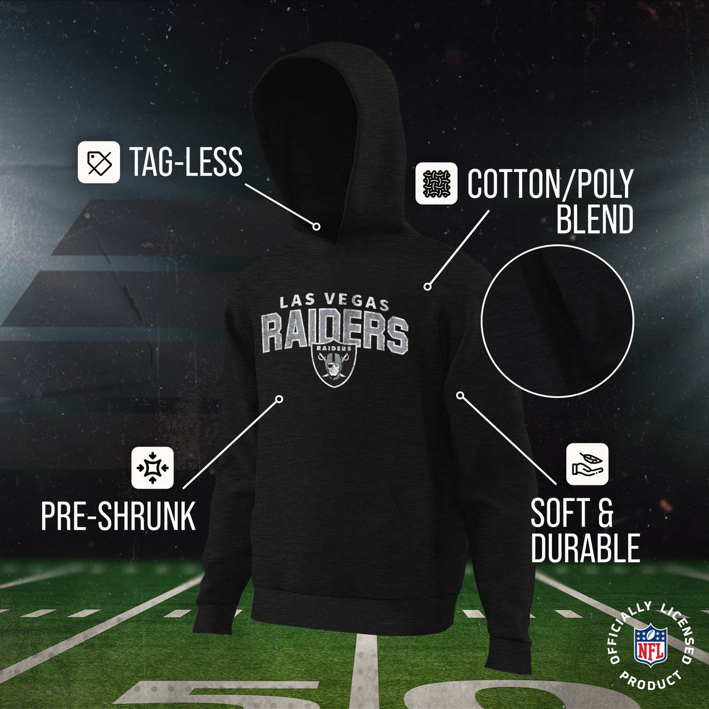 Las Vegas Raiders NFL Youth Starting Fresh Hoodie- Pro Football Sweatshirt for Boys and Girls - Black