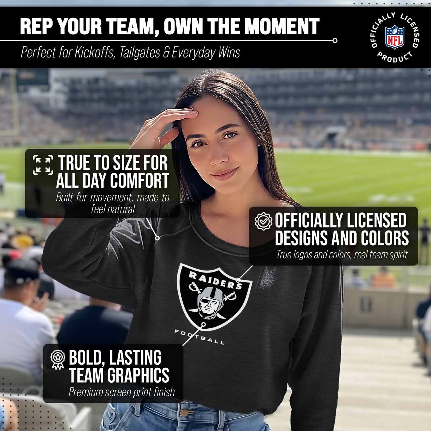 Las Vegas Raiders Women's NFL Ultimate Fan Logo Slouchy Crewneck -Tagless Fleece Lightweight Pullover - Charcoal