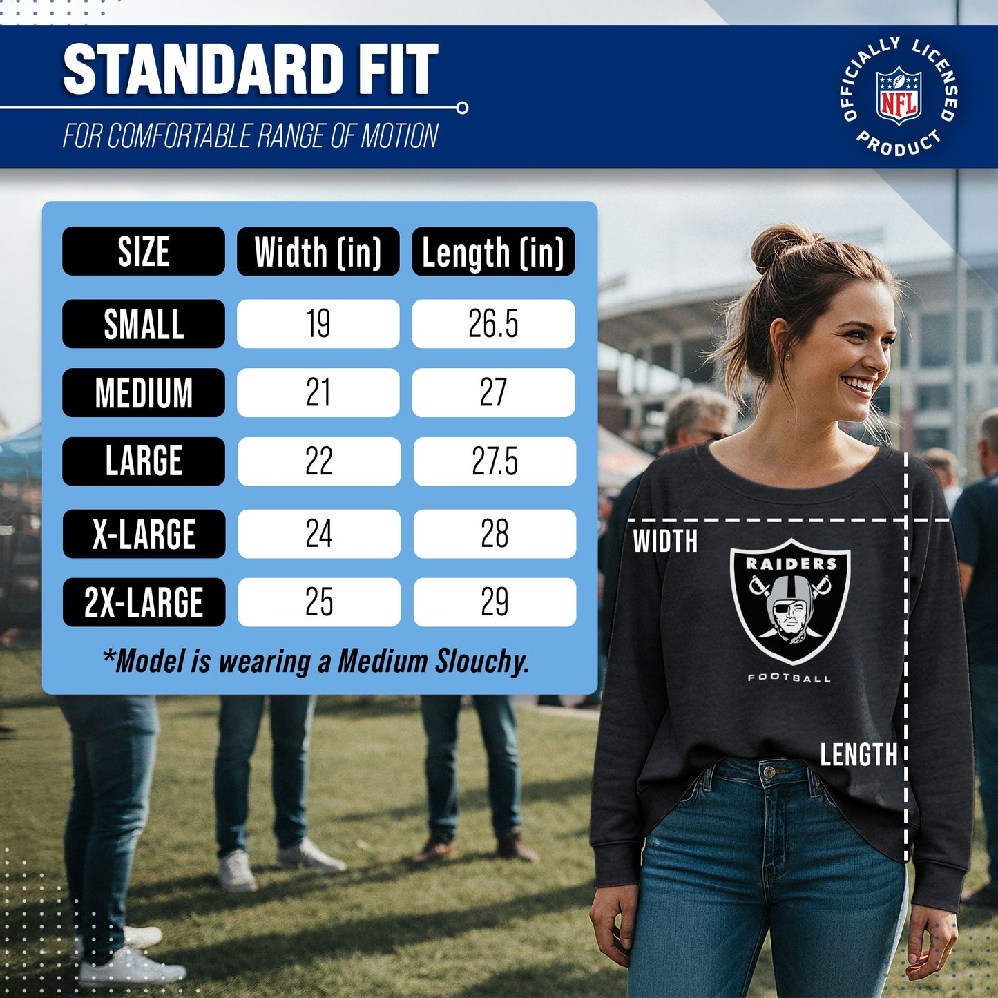 Las Vegas Raiders Women's NFL Ultimate Fan Logo Slouchy Crewneck -Tagless Fleece Lightweight Pullover - Charcoal