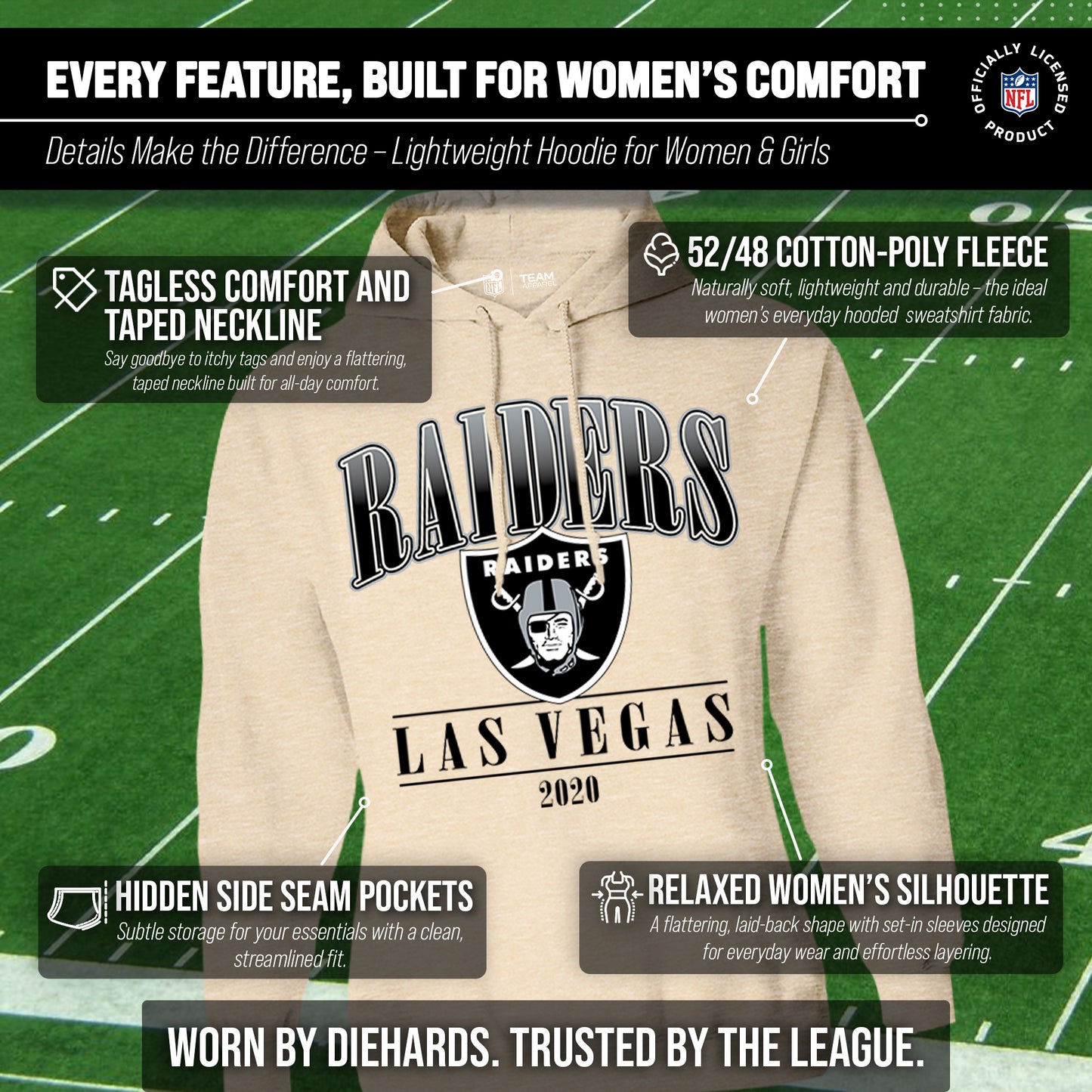 Las Vegas Raiders Ladies NFL Starstruck Fleece Pullover Hooded Sweatshirt - Cream