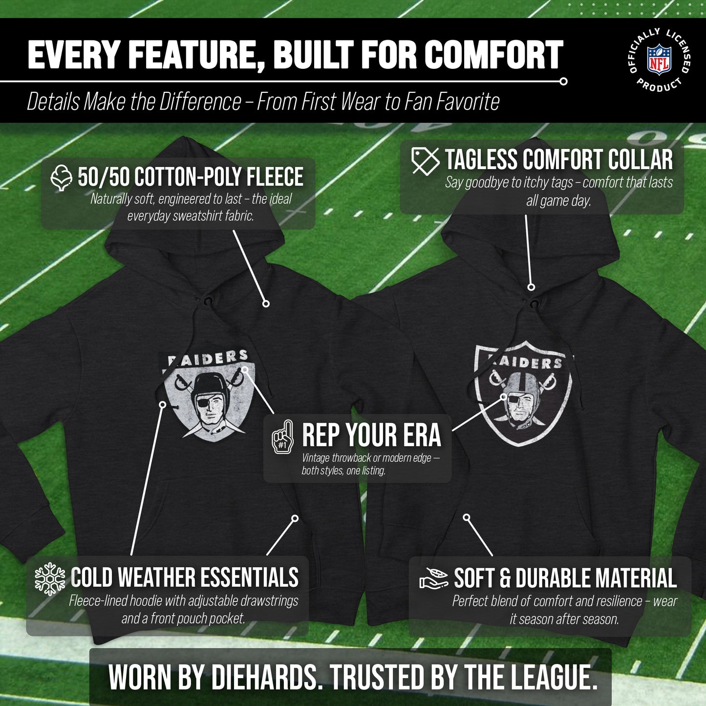 Las Vegas Raiders NFL Adult Unisex Modern Throwback Ultra Soft Fleece Hooded Sweatshirt - Black Heather