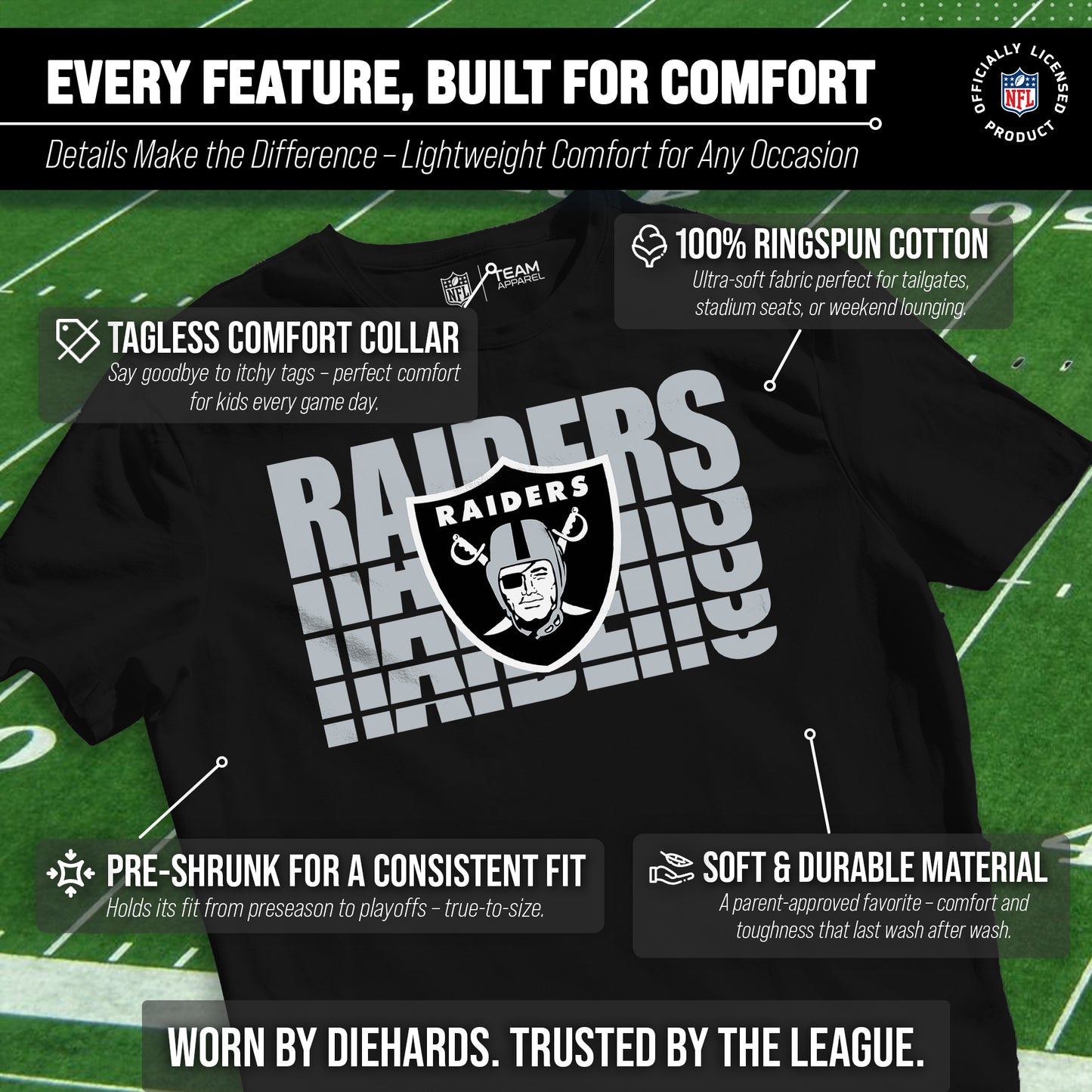 Las Vegas Raiders NFL Youth Repeating Logo Football T-Shirt Unisex Tag Free Comfortable - Black