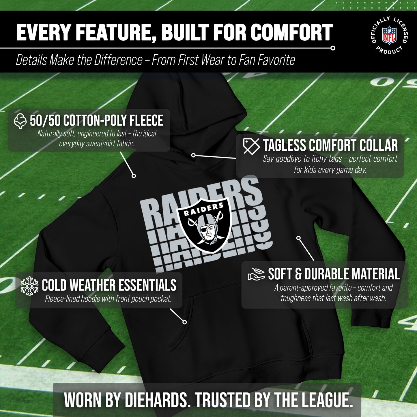 Las Vegas Raiders NFL Youth Repeating Logo Football Fleece Hooded Sweatshirt - Black