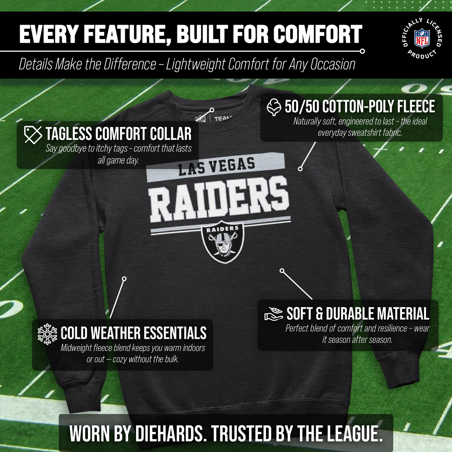 Las Vegas Raiders NFL Adult Long Sleeve Team Block Charcoal Crewneck Sweatshirt - Charcoal