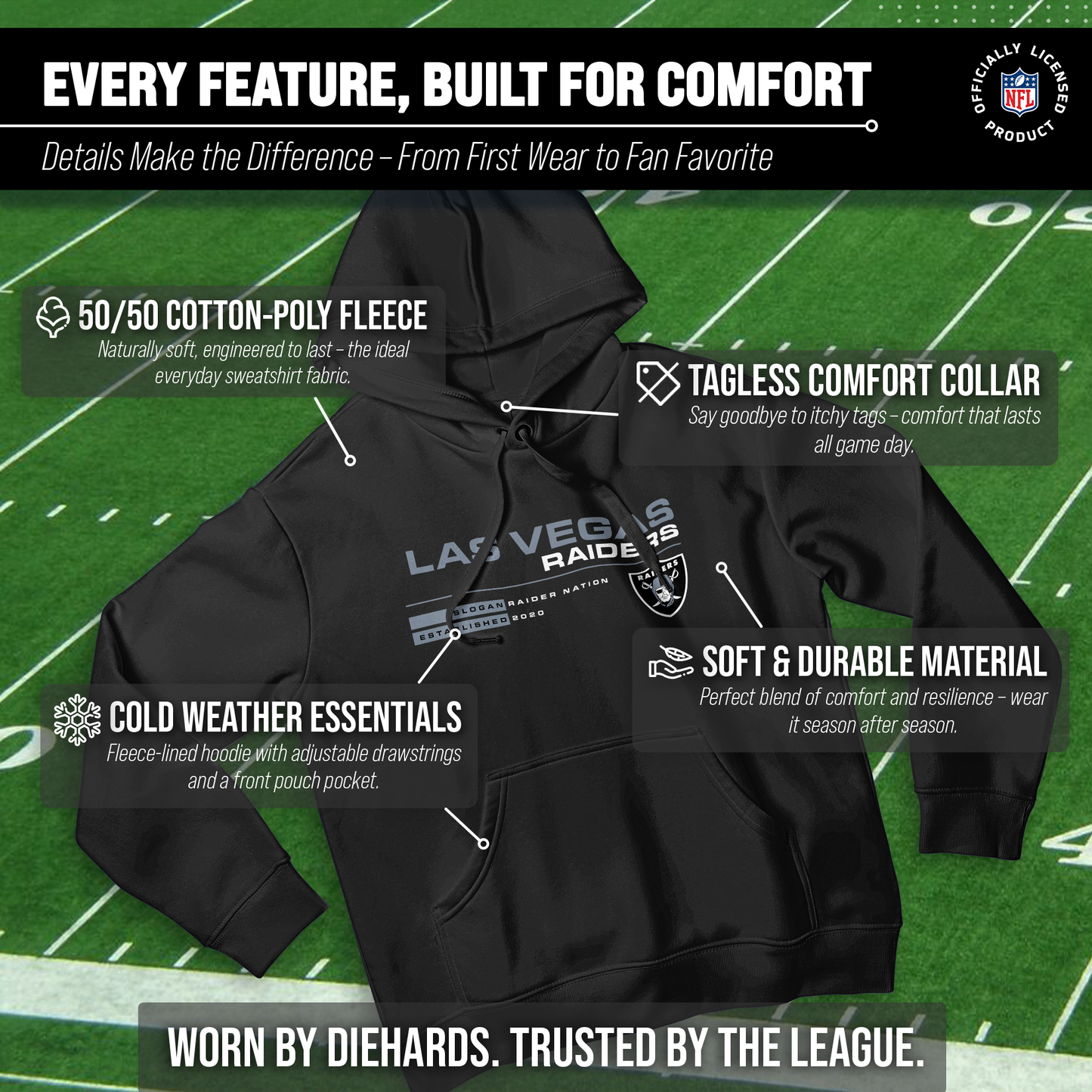 Las Vegas Raiders Adult NFL Speed Stat Sheet Fleece Hooded Sweatshirt - Black