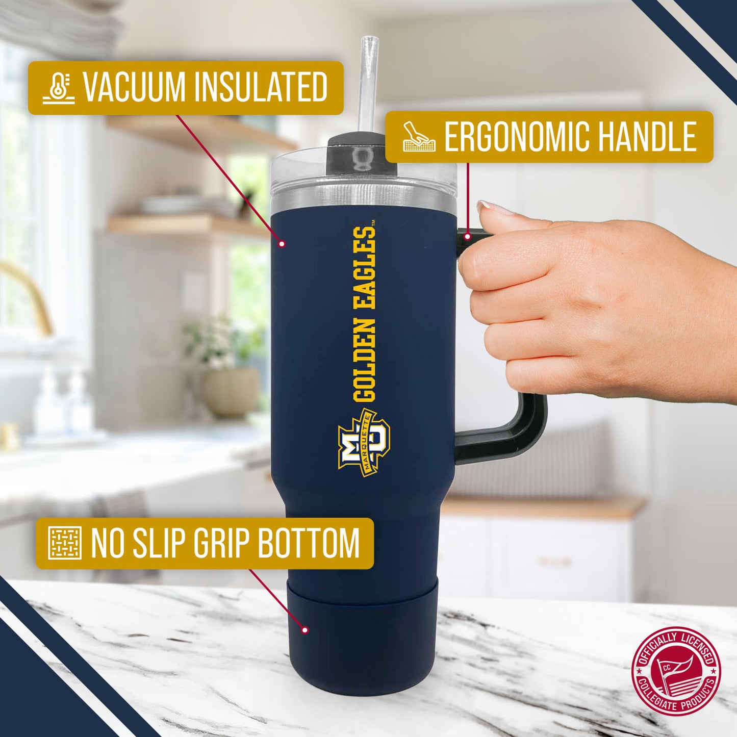 Marquette Golden Eagles College & University 40 oz Travel Tumbler With Handle - Navy