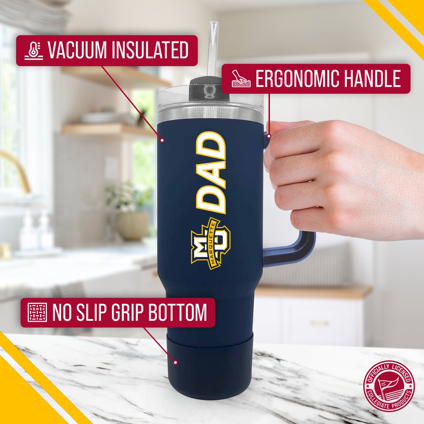 Marquette Golden Eagles Collegiate 40oz Stainless Steel Travel Tumbler with Handle for Dad - Navy