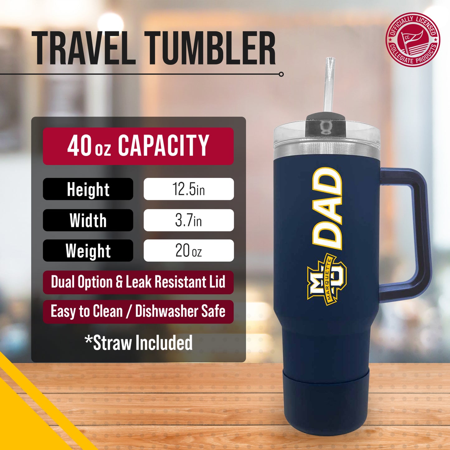 Marquette Golden Eagles Collegiate 40oz Stainless Steel Travel Tumbler with Handle for Dad - Navy