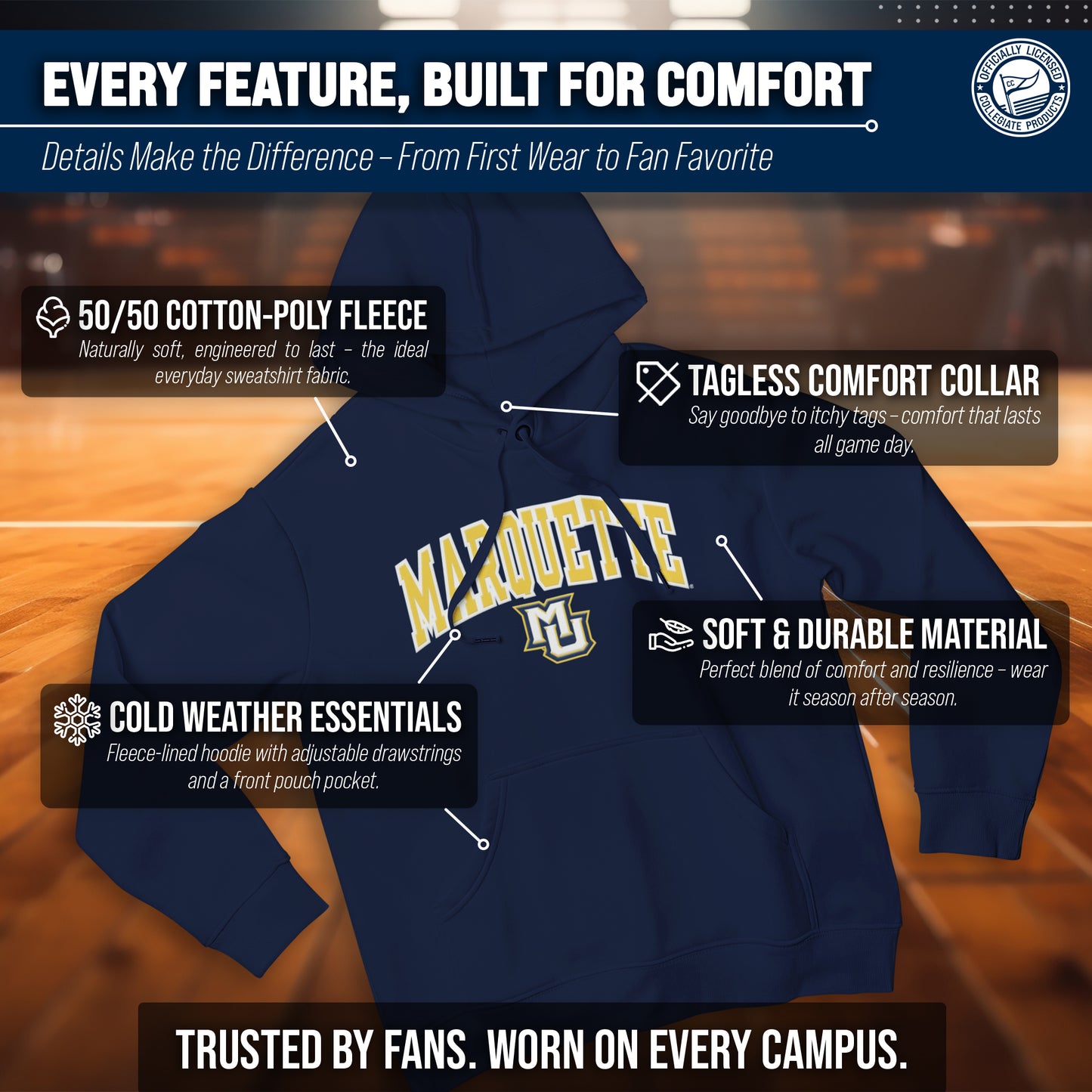 Marquette Golden Eagles NCAA Adult Tackle Twill Hooded Sweatshirt - Navy