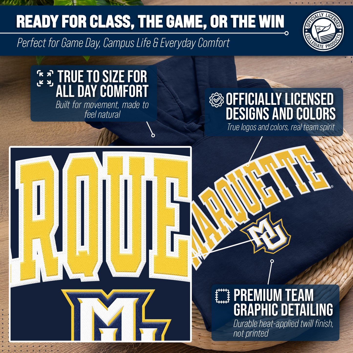 Marquette Golden Eagles NCAA Adult Tackle Twill Hooded Sweatshirt - Navy