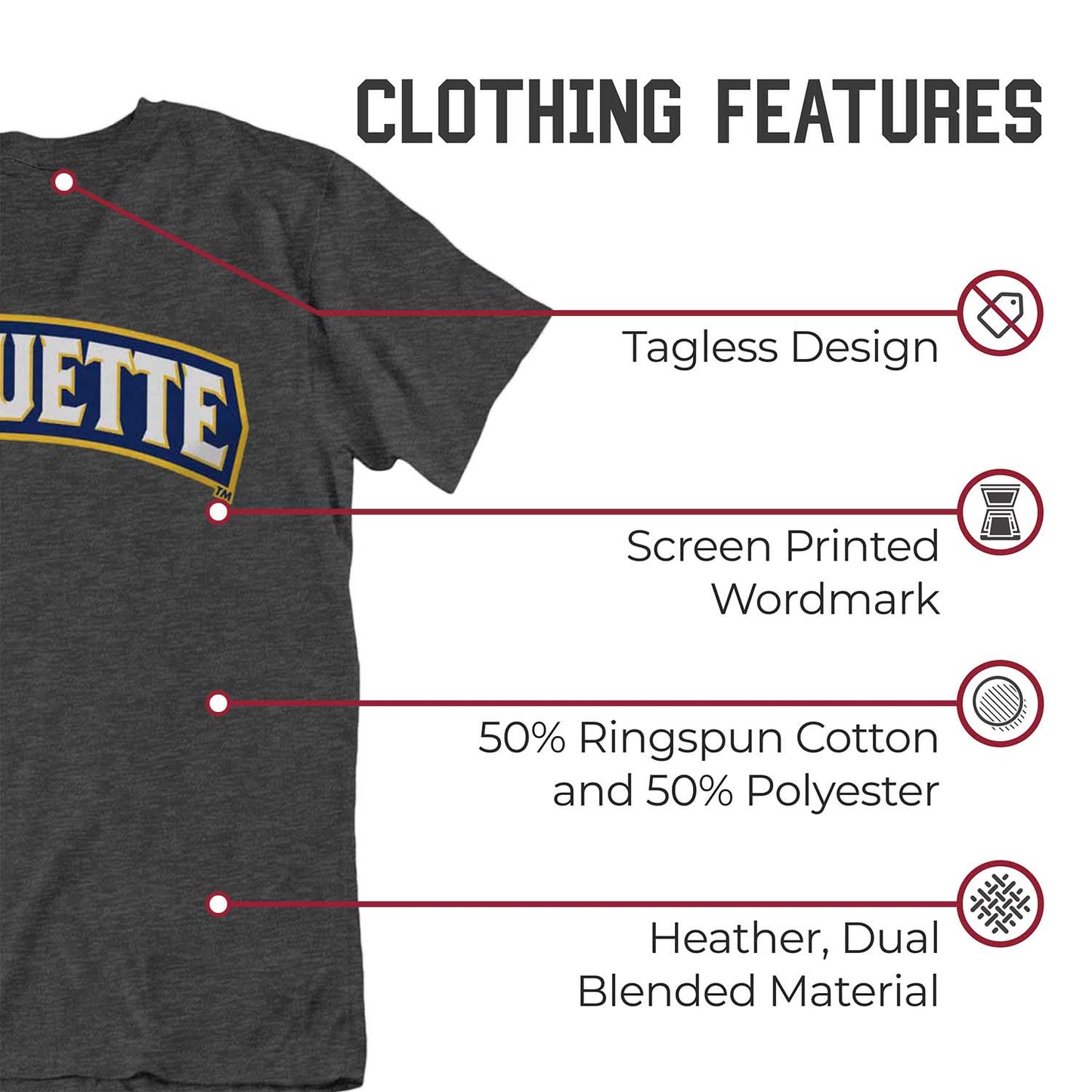 Marquette Golden Eagles Campus Colors NCAA Adult Cotton Blend Charcoal Tagless T-Shirt - Charcoal