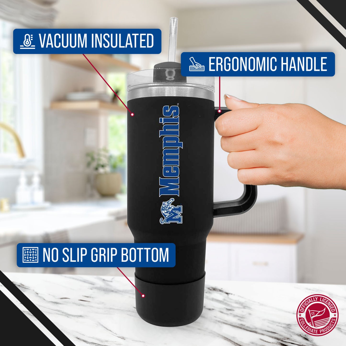 Memphis  Tigers College & University 40 oz Travel Tumbler With Handle - Black