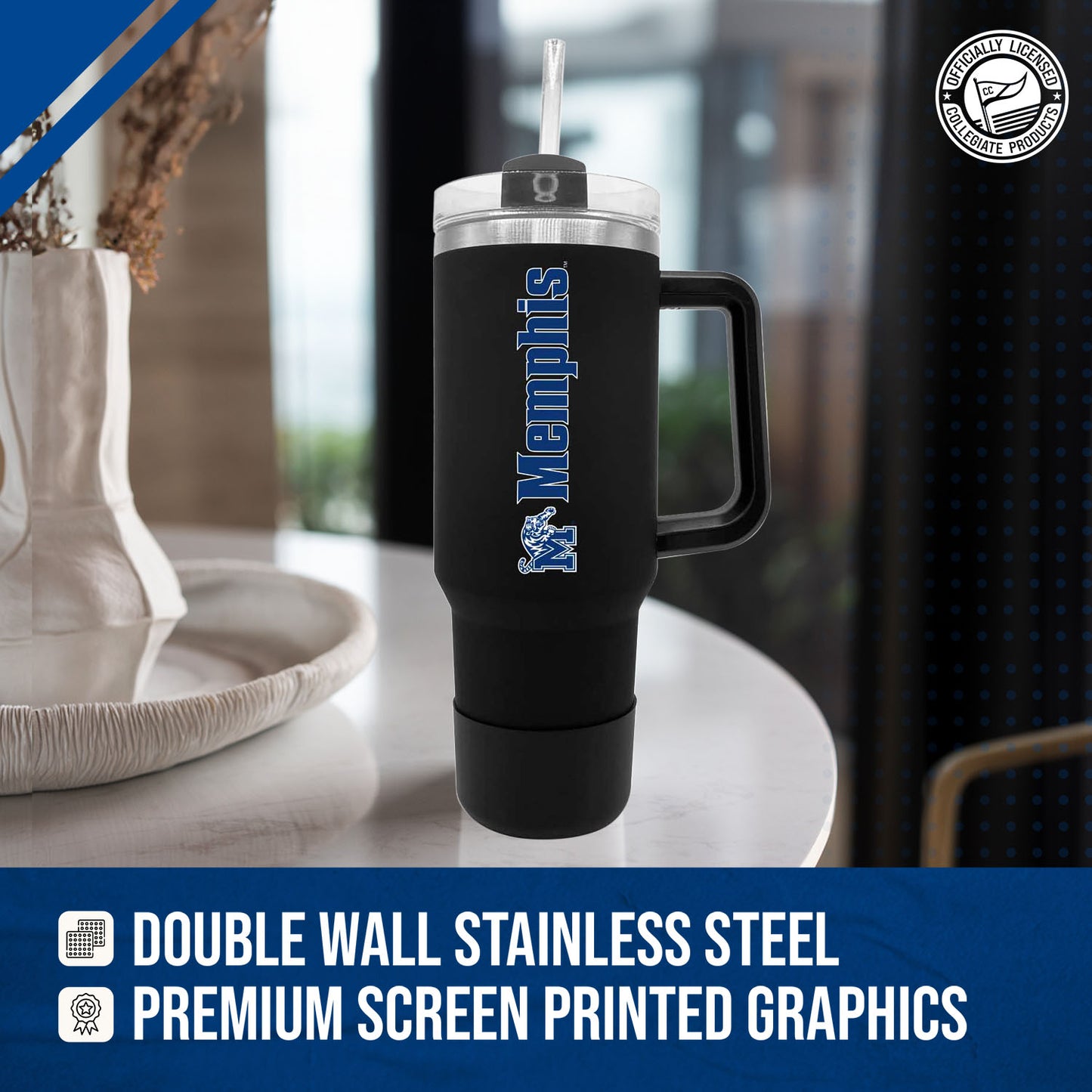 Memphis  Tigers College & University 40 oz Travel Tumbler With Handle - Black