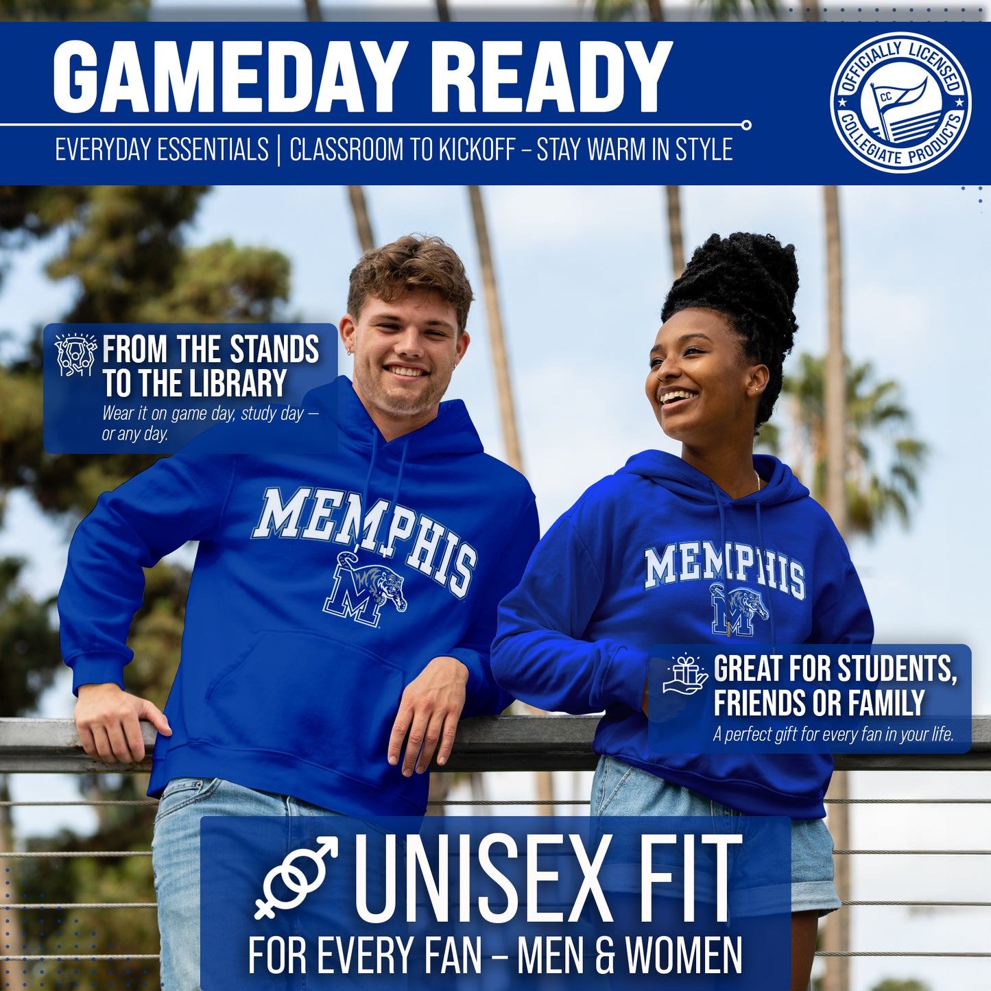 Memphis Tigers Adult Arch & Logo Soft Style Gameday Hooded Sweatshirt - Royal