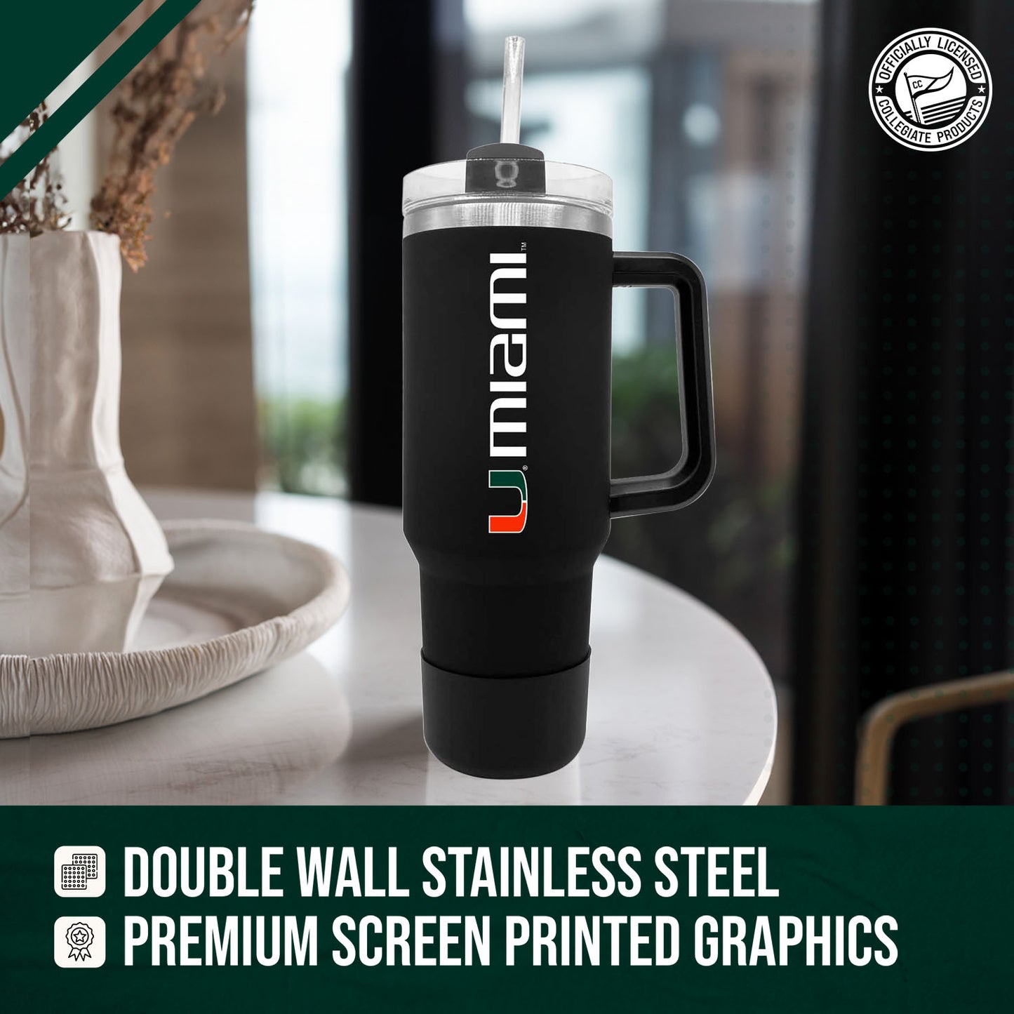 Miami Hurricanes College & University 40 oz Travel Tumbler With Handle - Black