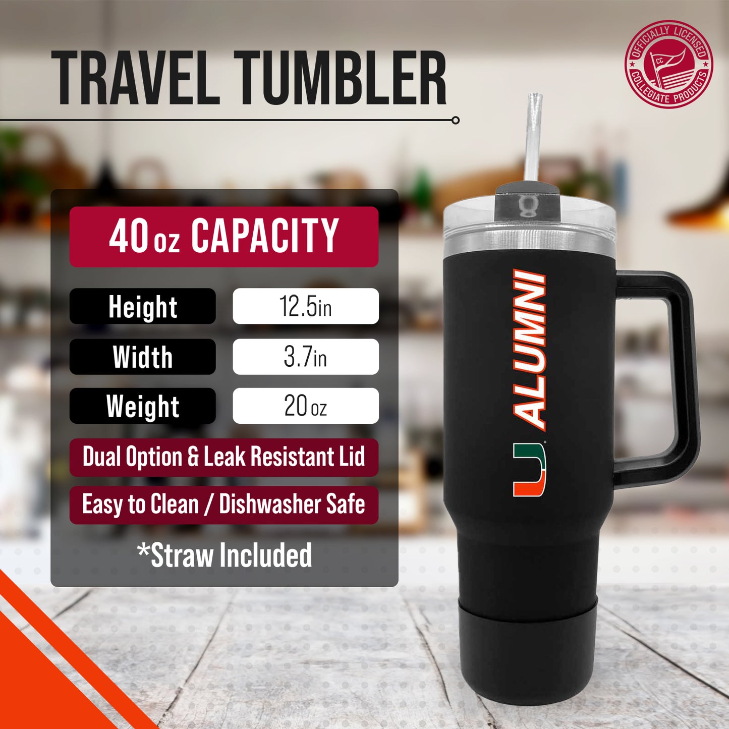 Miami Hurricanes Collegiate 40oz Stainless Steel Travel Tumbler with Handle for Alumni - Black