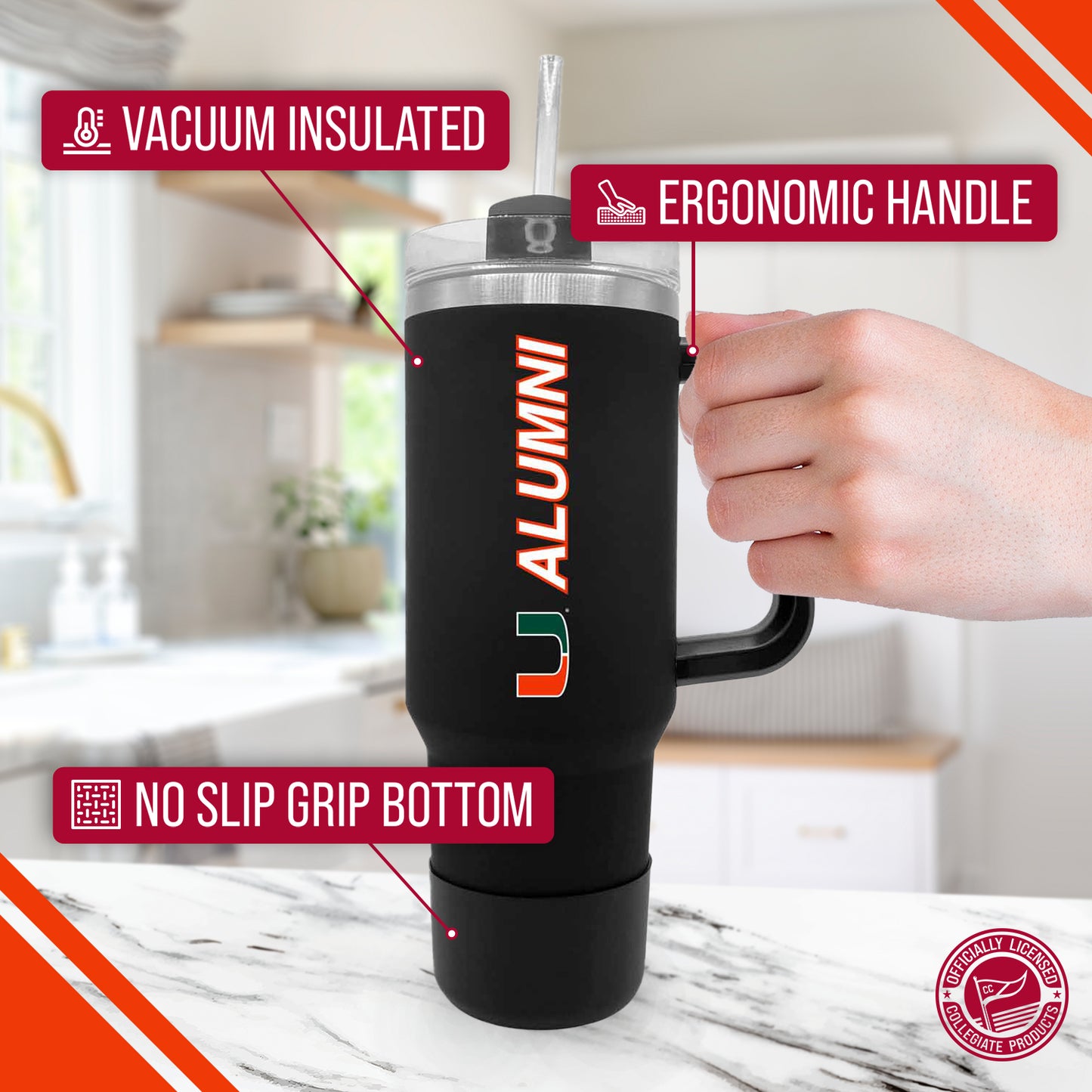 Miami Hurricanes Collegiate 40oz Stainless Steel Travel Tumbler with Handle for Alumni - Black