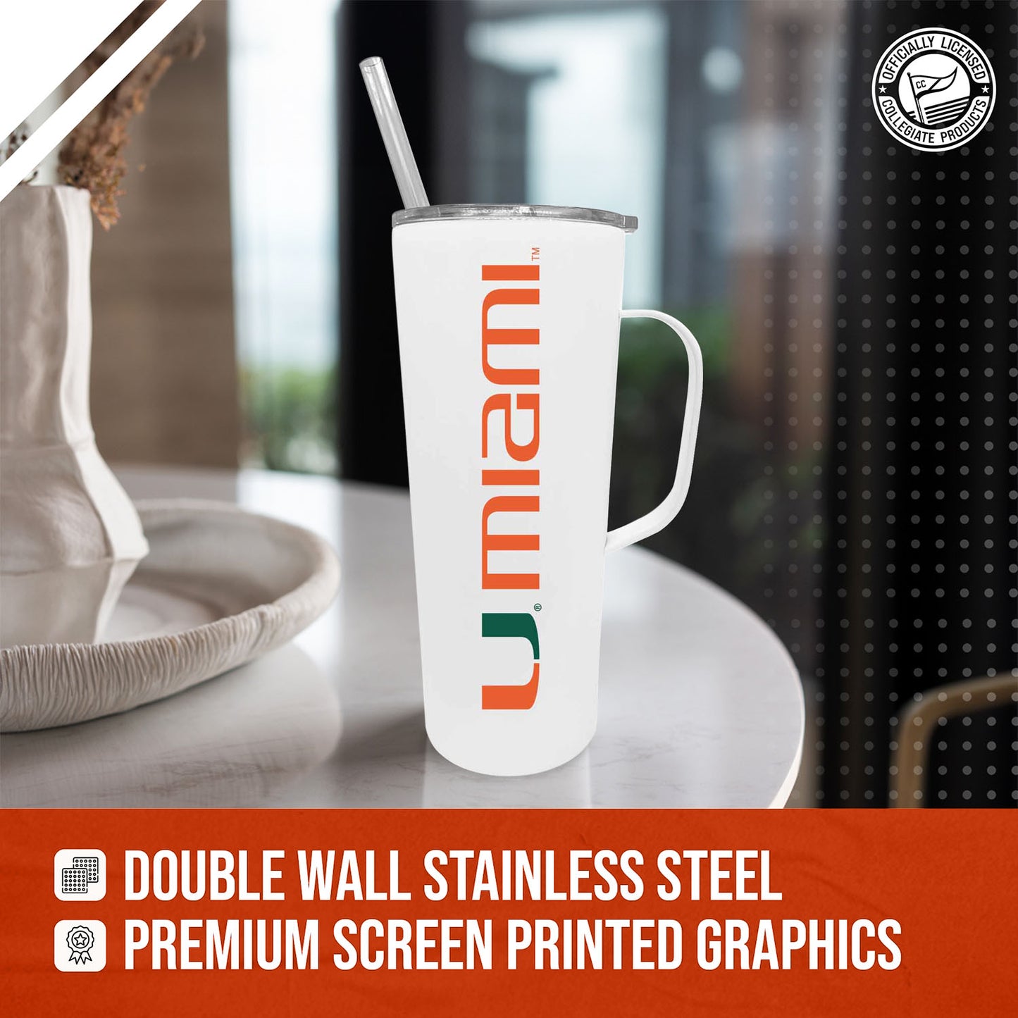 Miami Hurricanes NCAA Stainless Steel 20oz Roadie With Handle & Dual Option Lid With Straw - White