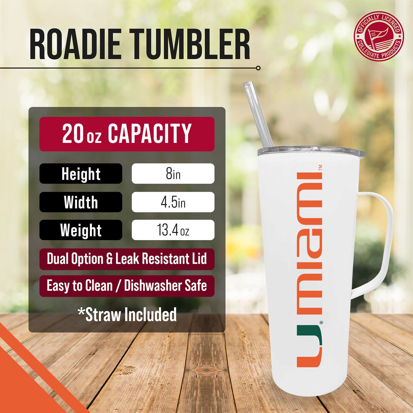 Miami Hurricanes NCAA Stainless Steel 20oz Roadie With Handle & Dual Option Lid With Straw - White