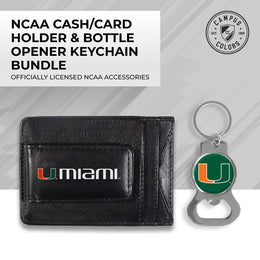 Miami Hurricanes School Logo Leather Card/Cash Holder and Bottle Opener Keychain Bundle - Black