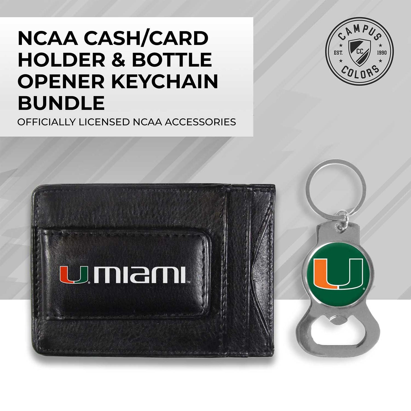 Miami Hurricanes School Logo Leather Card/Cash Holder and Bottle Opener Keychain Bundle - Black
