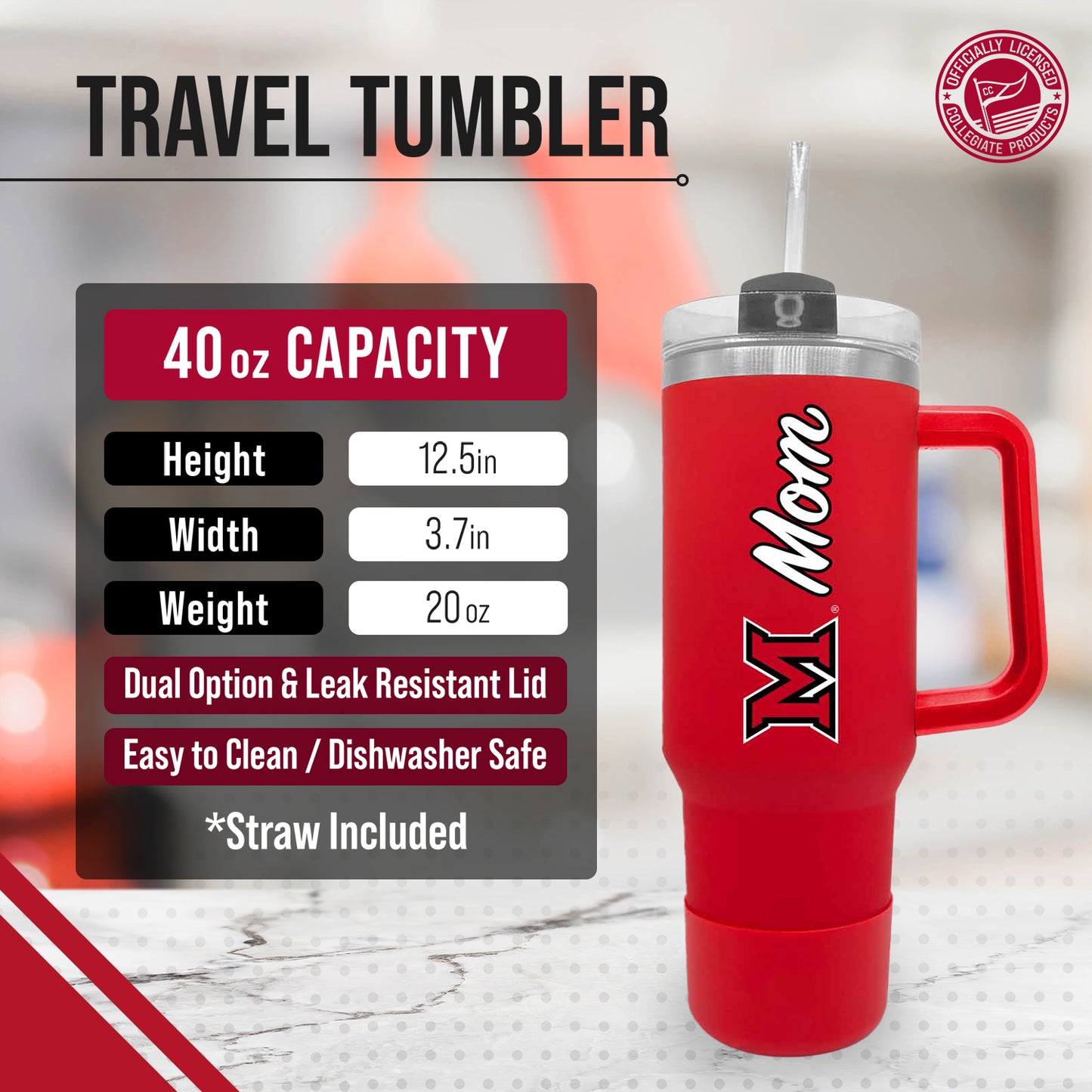 Miami Redhawks Collegiate 40oz Stainless Steel Travel Tumbler with Handle for Mom - Red
