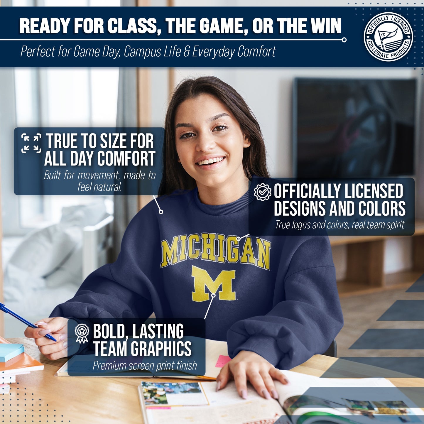Michigan Wolverines Adult Arch & Logo Soft Style Gameday Crewneck Sweatshirt - Navy