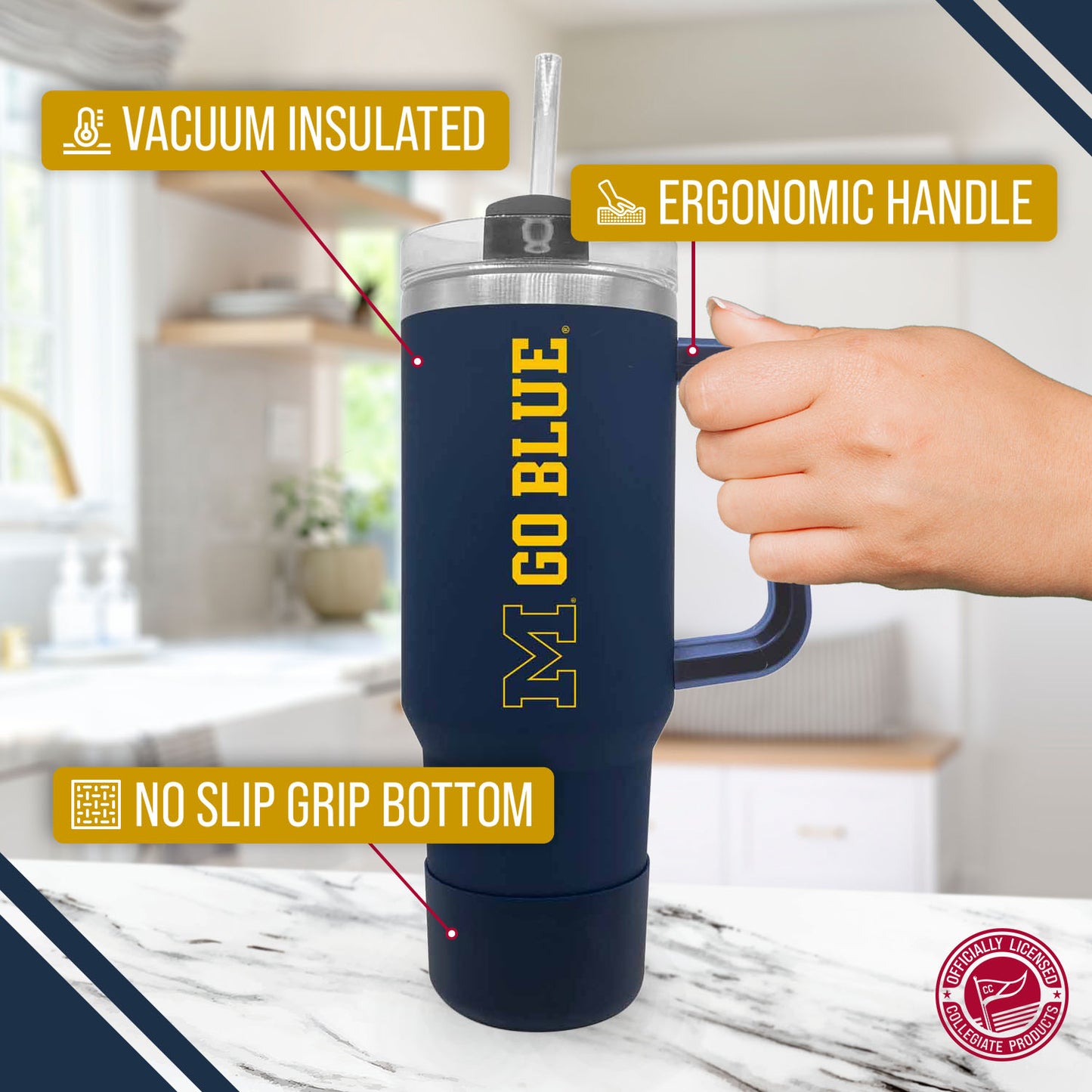 Michigan Wolverines College & University 40 oz Travel Tumbler With Handle - Navy