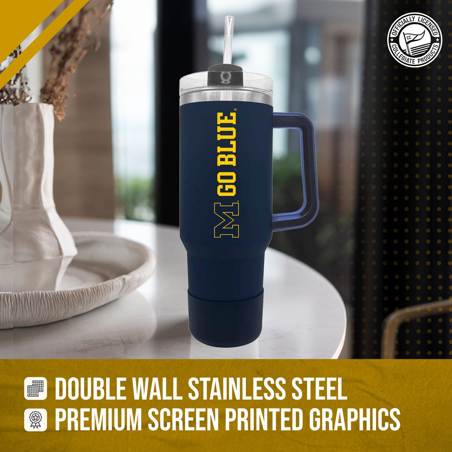 Michigan Wolverines College & University 40 oz Travel Tumbler With Handle - Navy