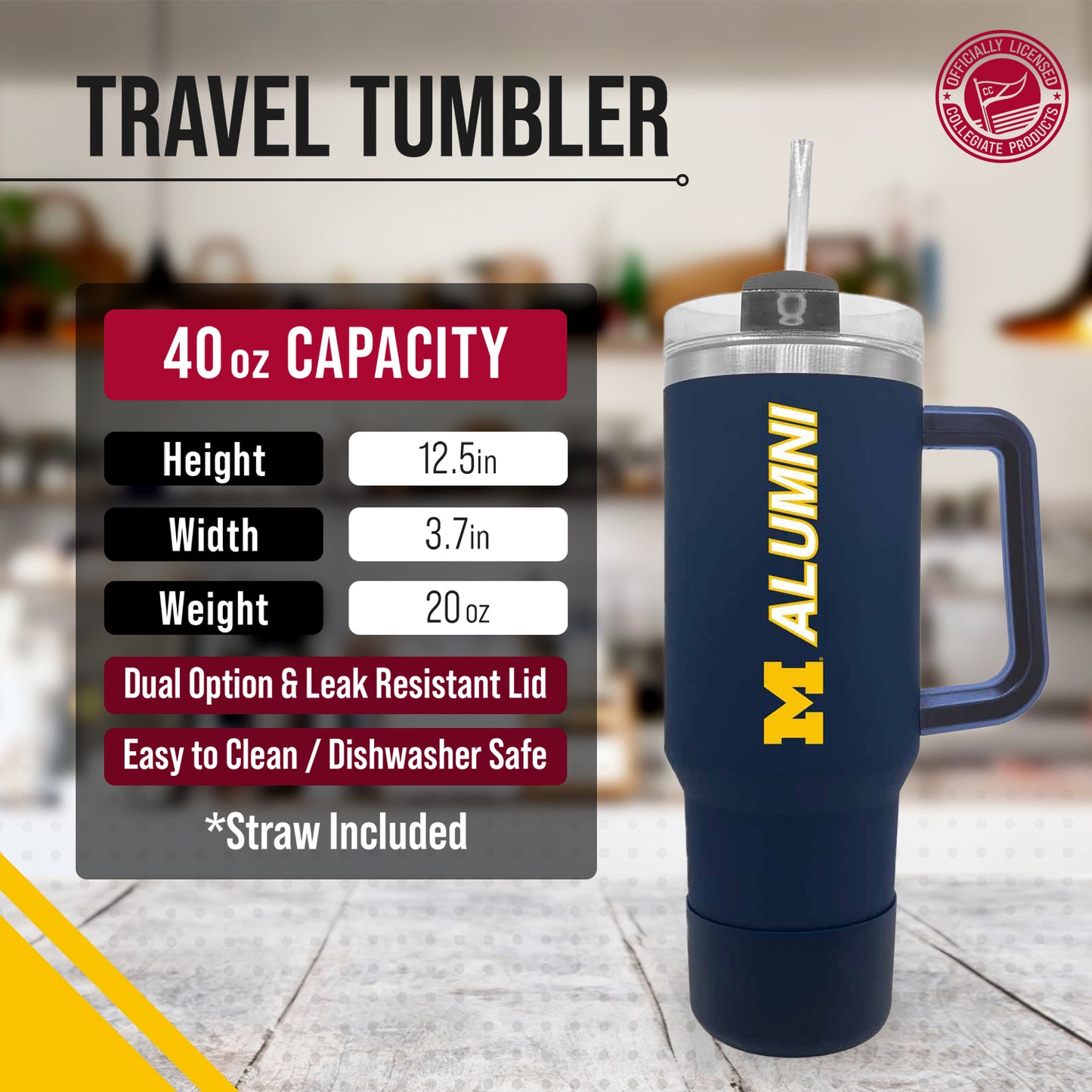 Michigan Wolverines Collegiate 40oz Stainless Steel Travel Tumbler with Handle for Alumni - Navy