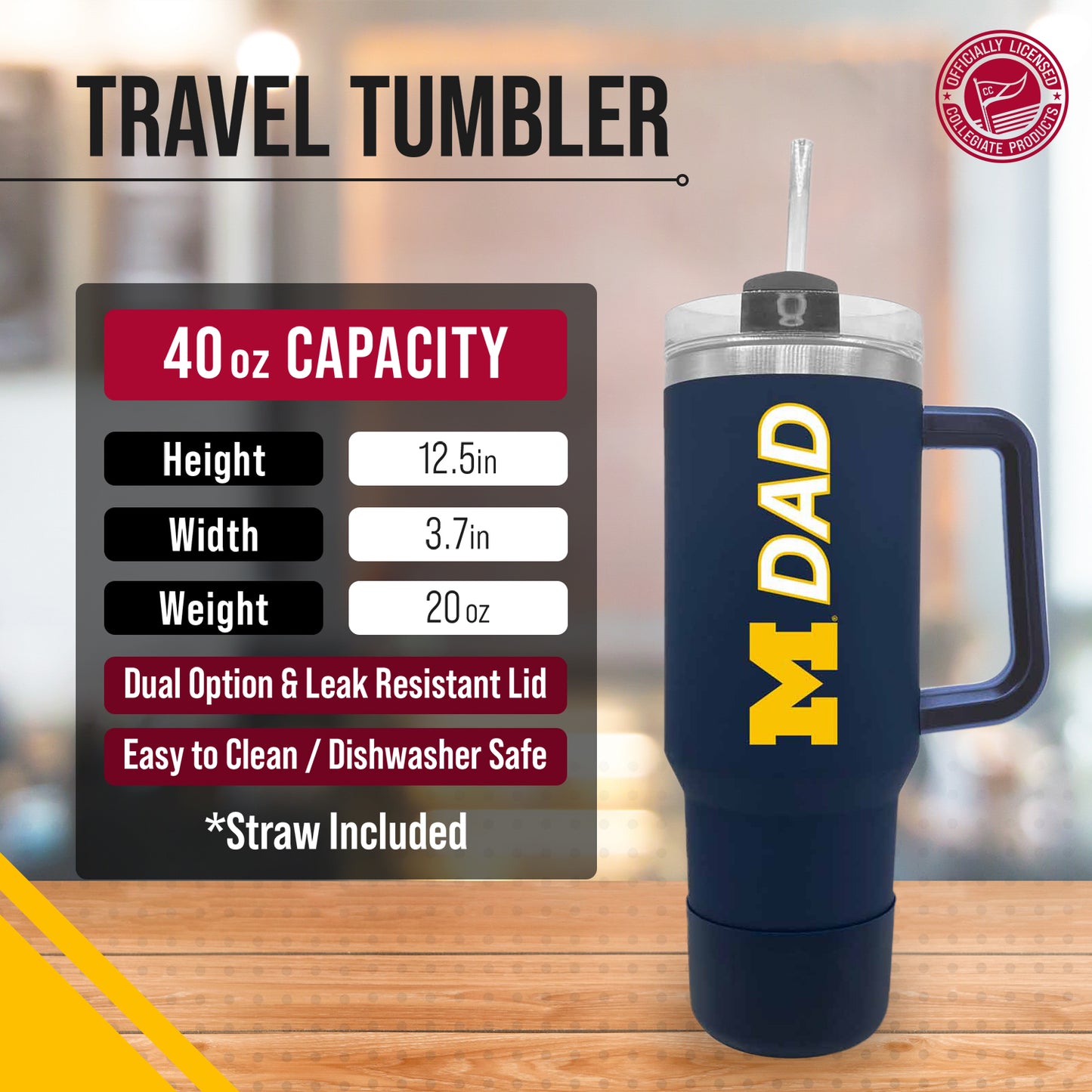 Michigan Wolverines Collegiate 40oz Stainless Steel Travel Tumbler with Handle for Dad - Navy
