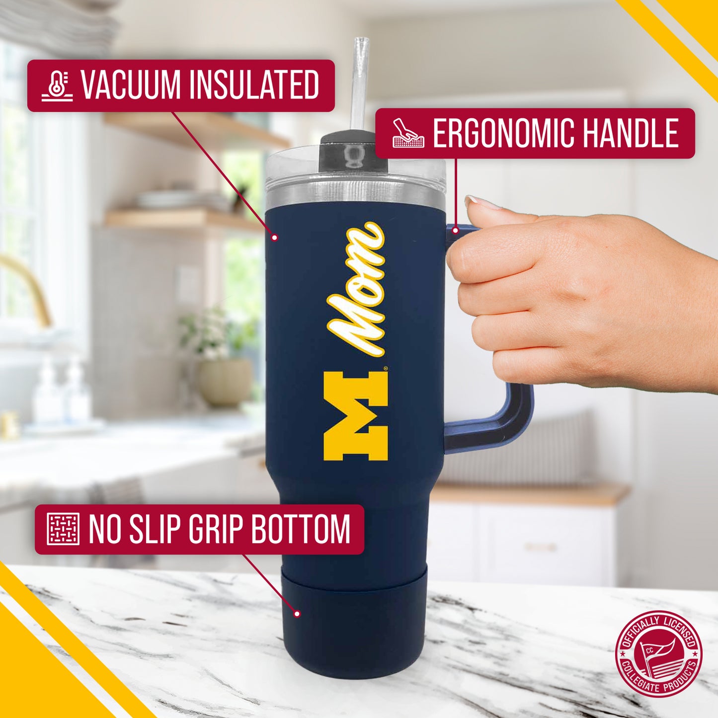 Michigan Wolverines Collegiate 40oz Stainless Steel Travel Tumbler with Handle for Mom - Navy