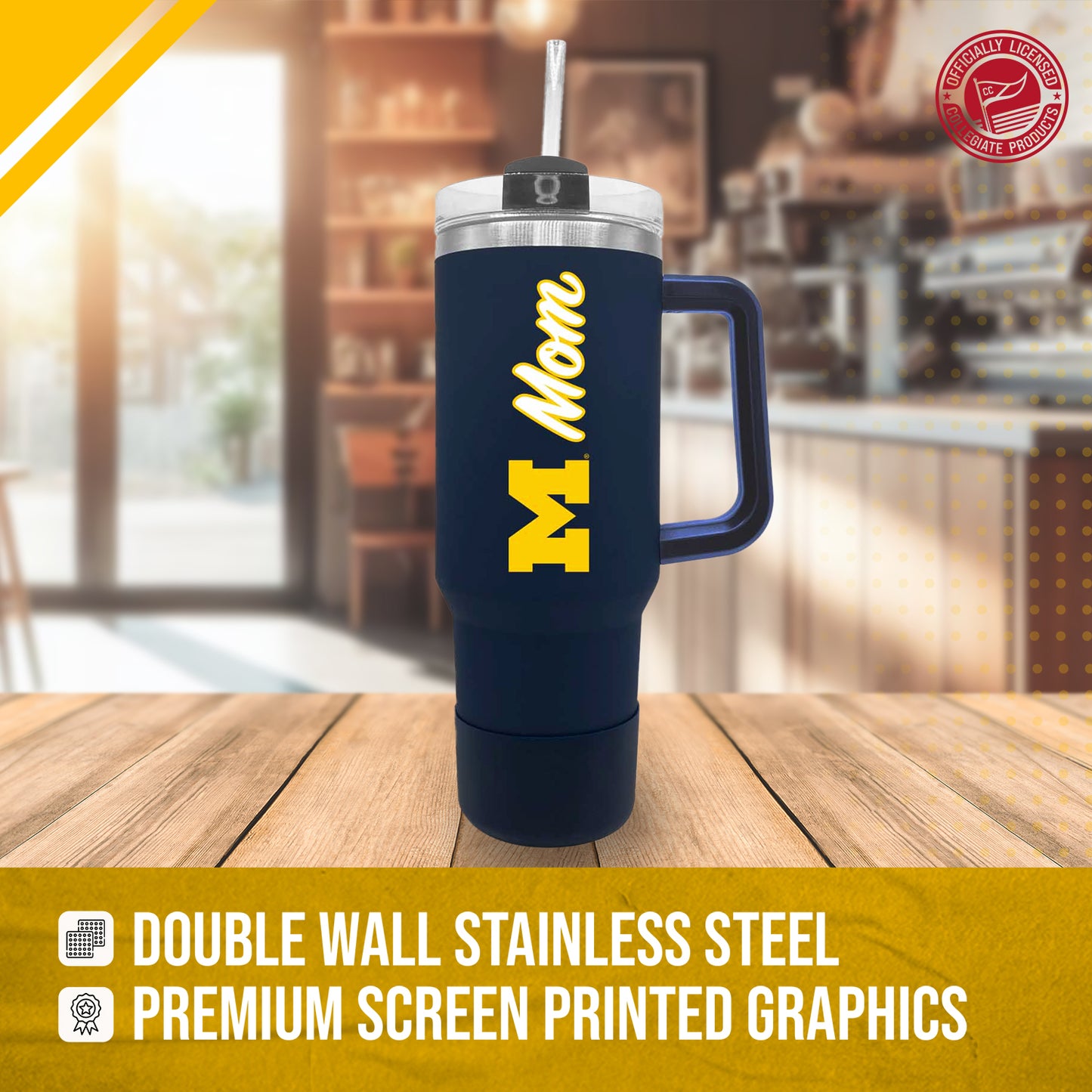 Michigan Wolverines Collegiate 40oz Stainless Steel Travel Tumbler with Handle for Mom - Navy