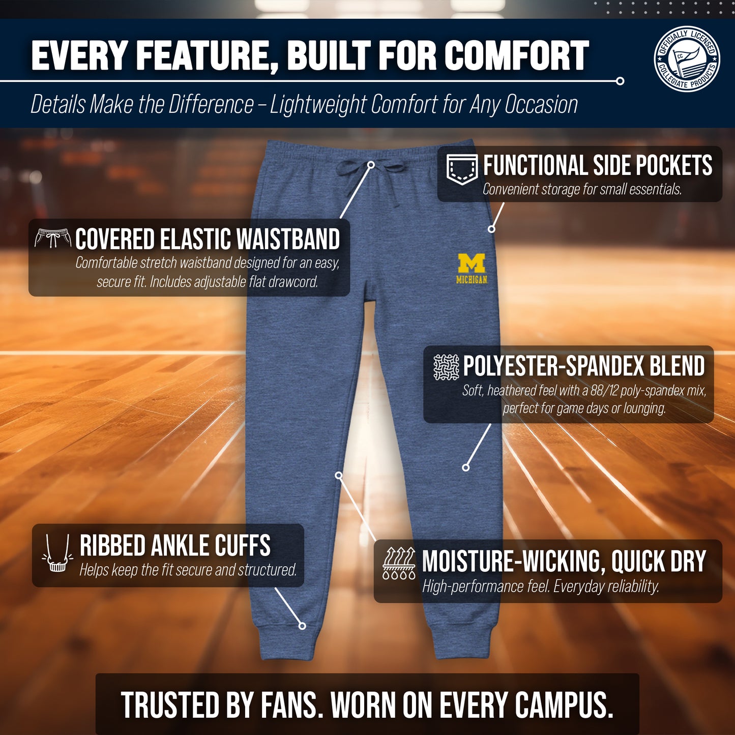 Michigan Wolverines NCAA Men’s University Cloud Jersey Performance Jogger Pants with Drawstring Waistband - Navy Heather