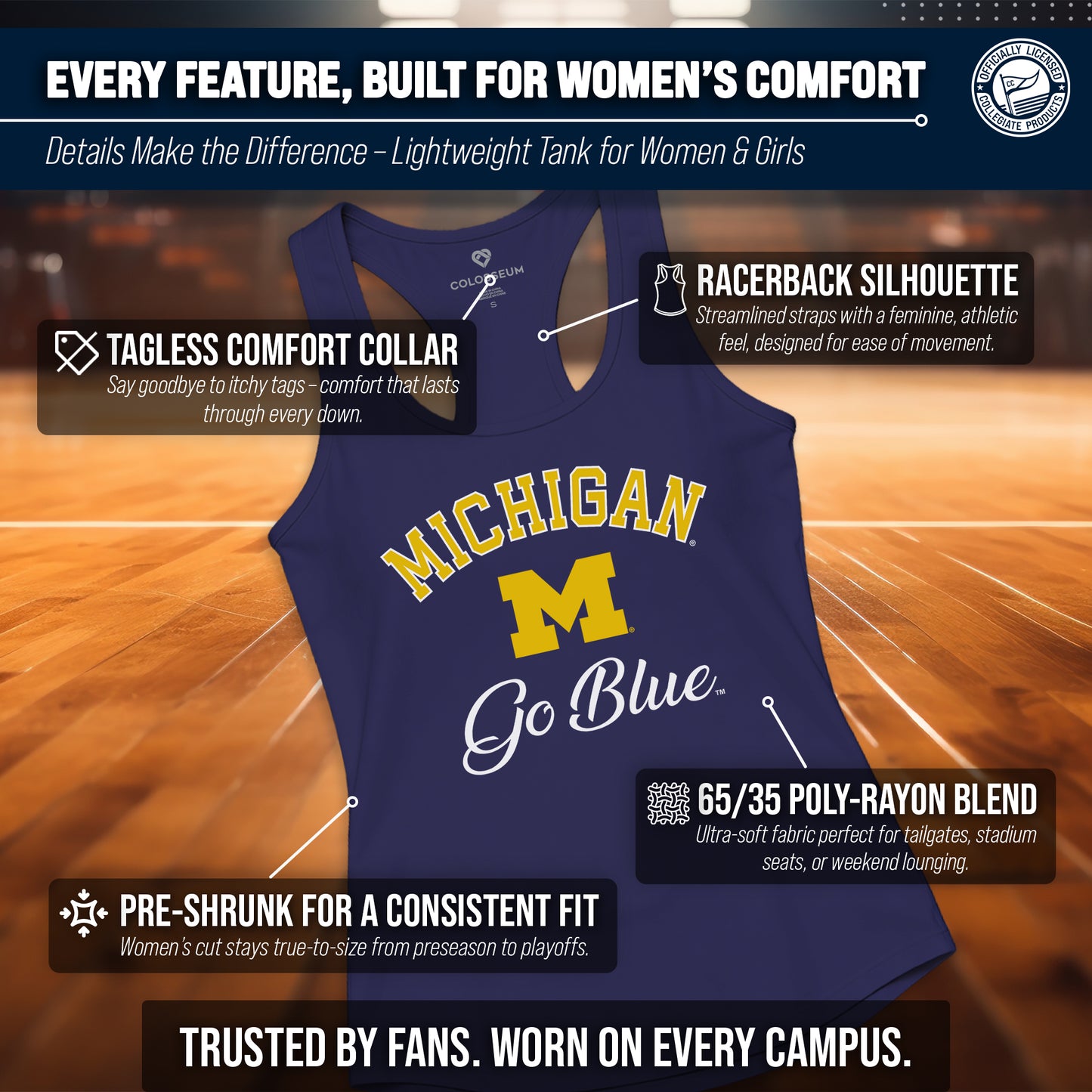 Michigan Wolverines NCAA Womens Tag-Less Ultra Soft Tailgate Tank Top - Navy Heather