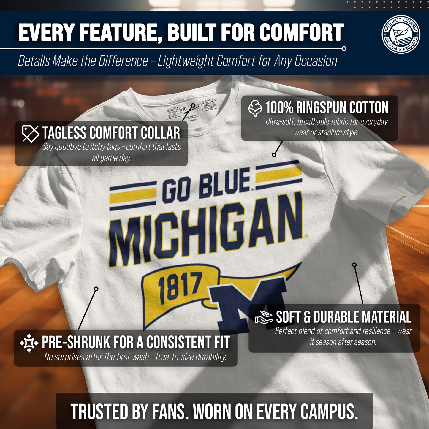 Michigan Wolverines NCAA Adult Unisex Varsity Club Pennant T-Shirt Tag-Less - Off White