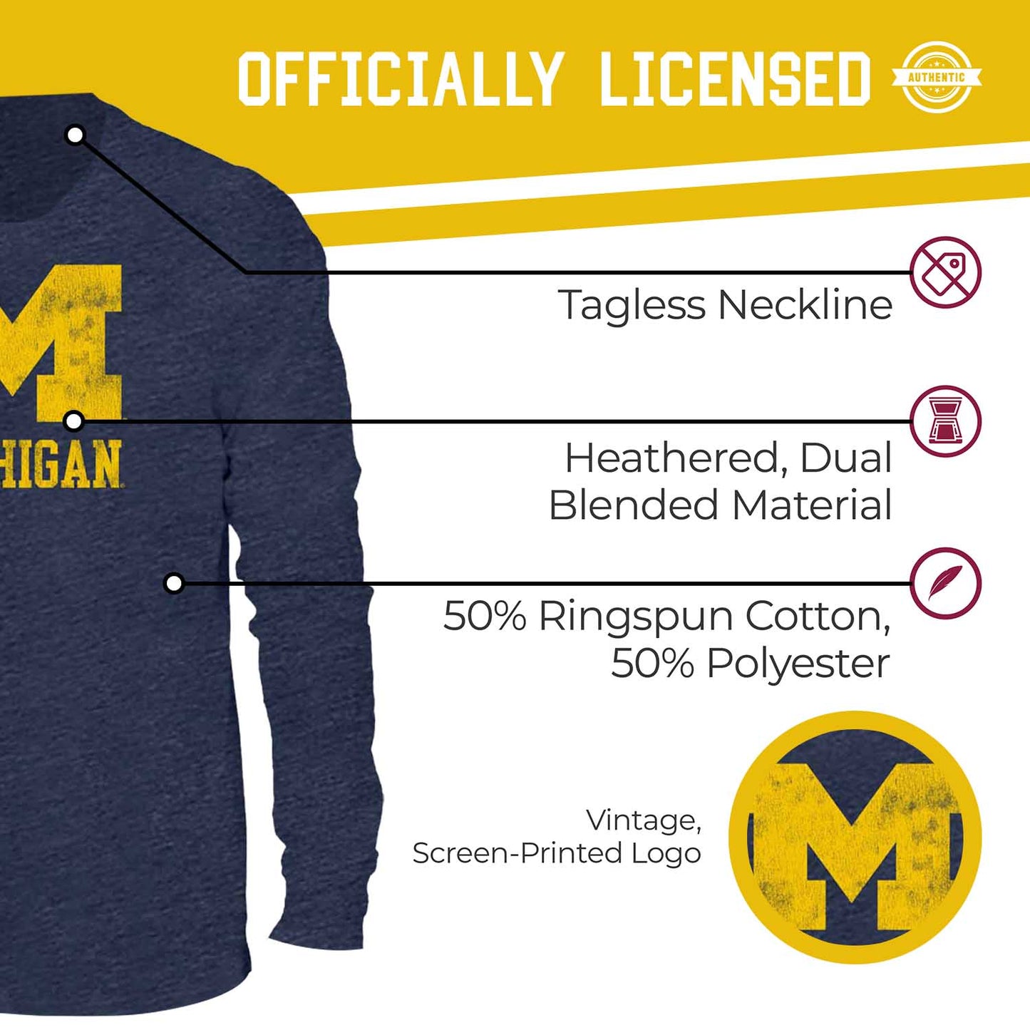 Michigan Wolverines NCAA MVP Adult Long-Sleeve Shirt - Navy