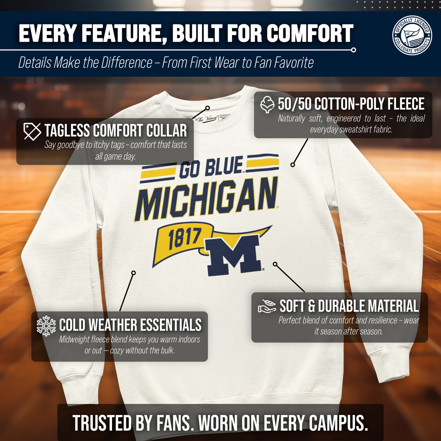 Michigan Wolverines NCAA Adult Unisex Varsity Club Pennant Crewneck Fleece Sweatshirt - Off White