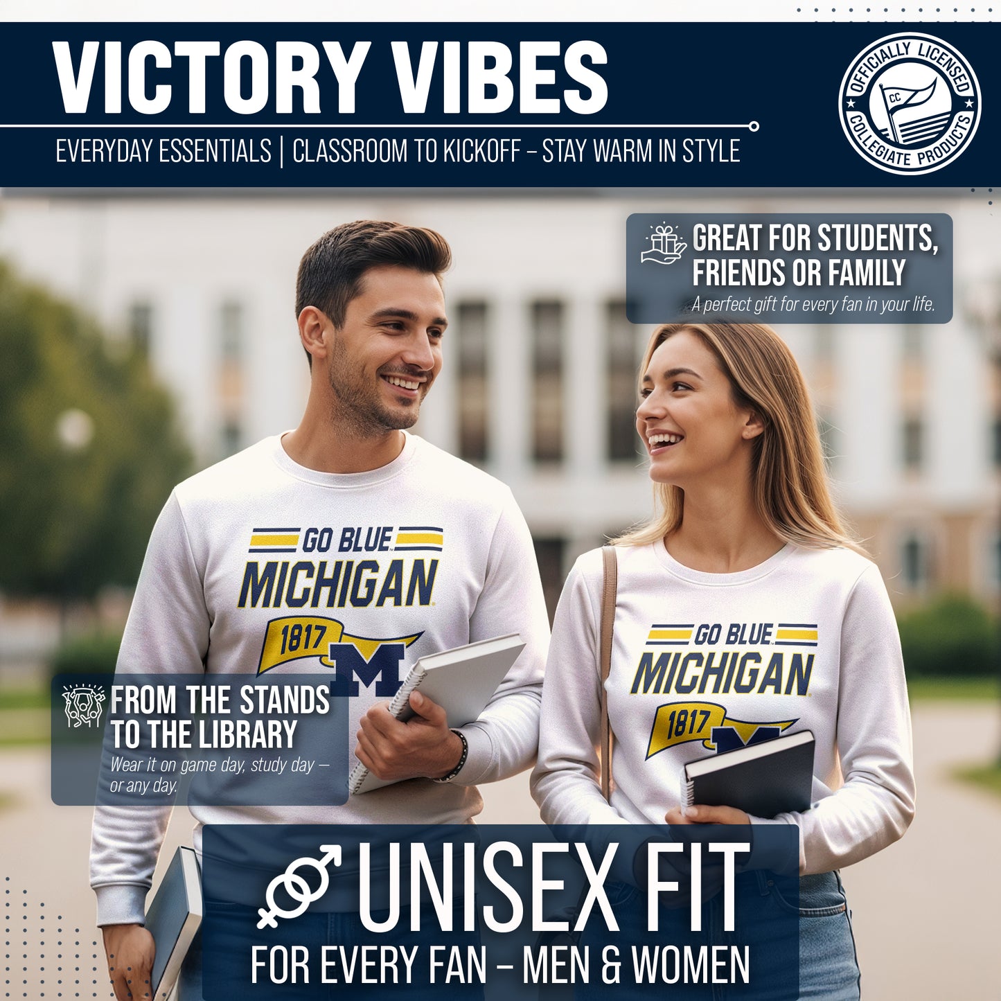 Michigan Wolverines NCAA Adult Unisex Varsity Club Pennant Crewneck Fleece Sweatshirt - Off White